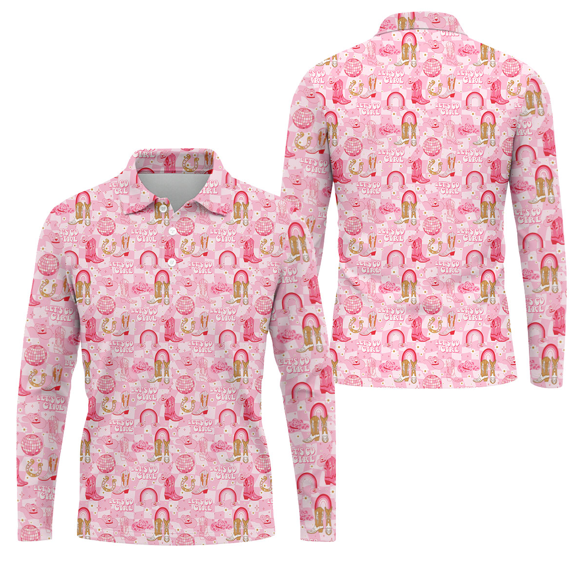 Let's Go Girl Pink Checkered Western Cowgirl Golf Tops For Men, Polo Shirtor Men, Golf Shirts For Men