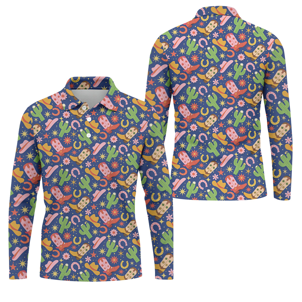 Western Cowboy Golf Shirt, Desert Cactus Horseshoe Pattern, Golf Shirt For Men