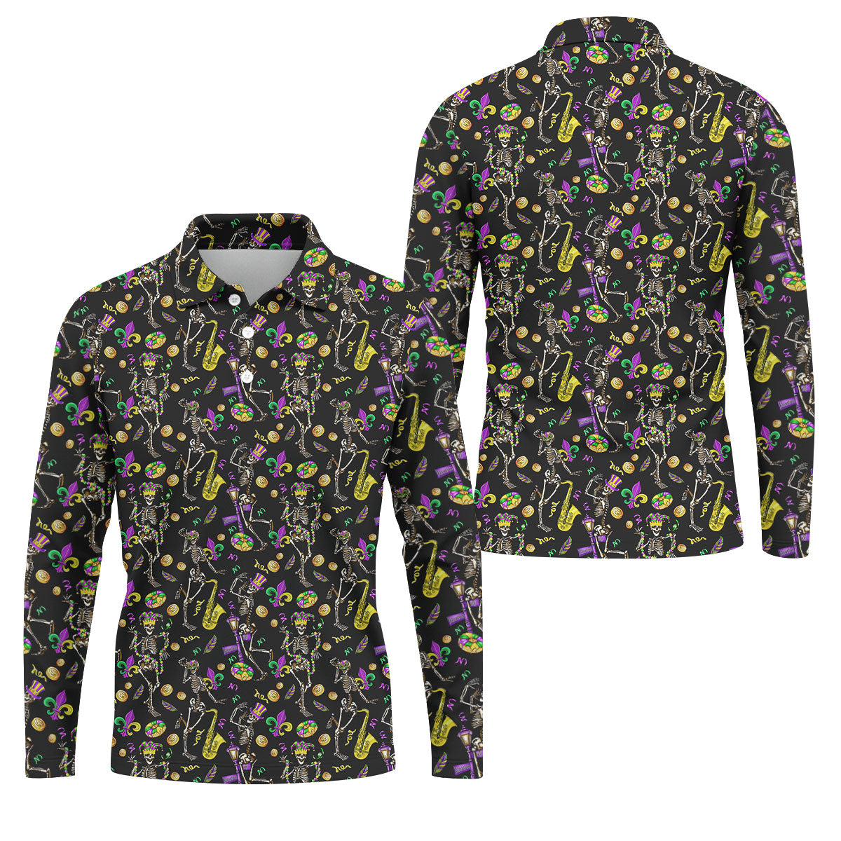 Dancing Skeleton Mardi Gras Fleur De Lis Black Golf Shirt, Polo ShirtFor Men, Golf Shirts For Men