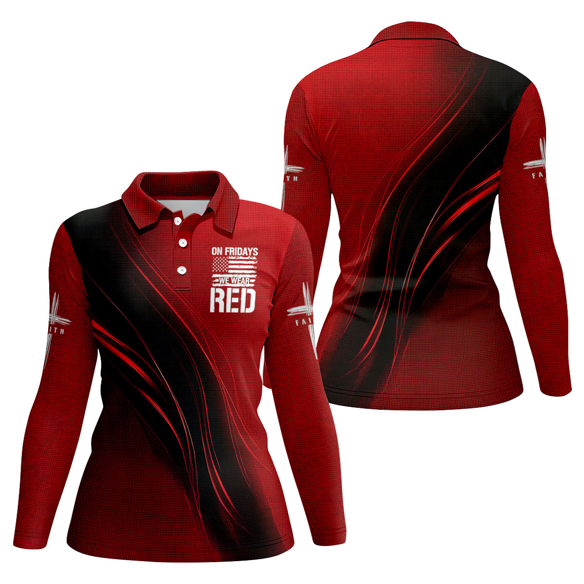 On Friday We Wear Red Faith Cross Red Black Gradient Patriotic Golf Shirt, 250 Years Golf Shirt For Women