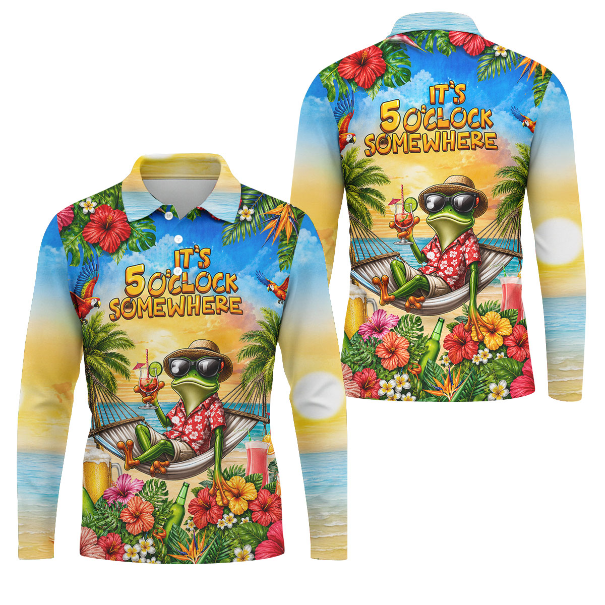 Funny Tropical Frog Drinking Hawaiian Golf Shirt, Mens Golf Polo, Printed Golf Shirts