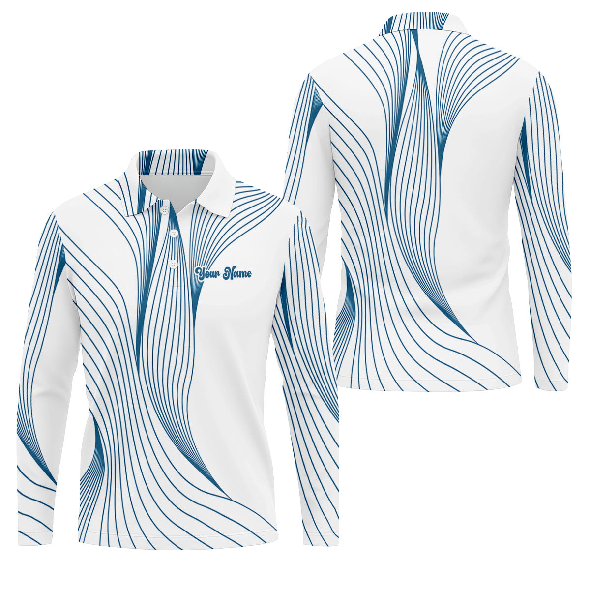 Geometric Line Wavy Line Blue And White Custom Name Golf Shirts For Men, Men's Golf Shirt, Polo ShirtFor Men