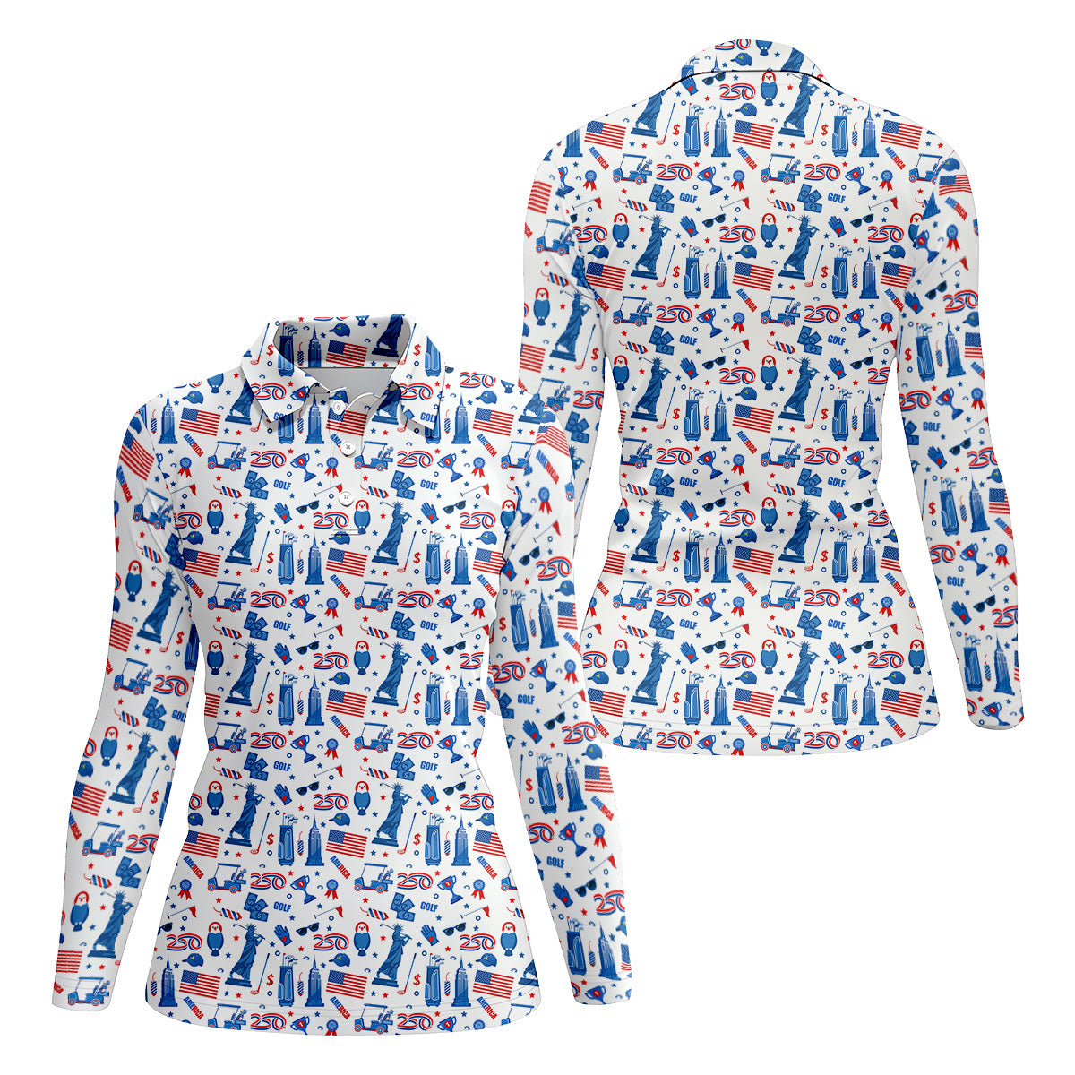 Funny Statue Of Liberty Golf Pose 4th Of July Red White Blue Women Golf Top, 250th Anniversary Patriotic Golf Shirt