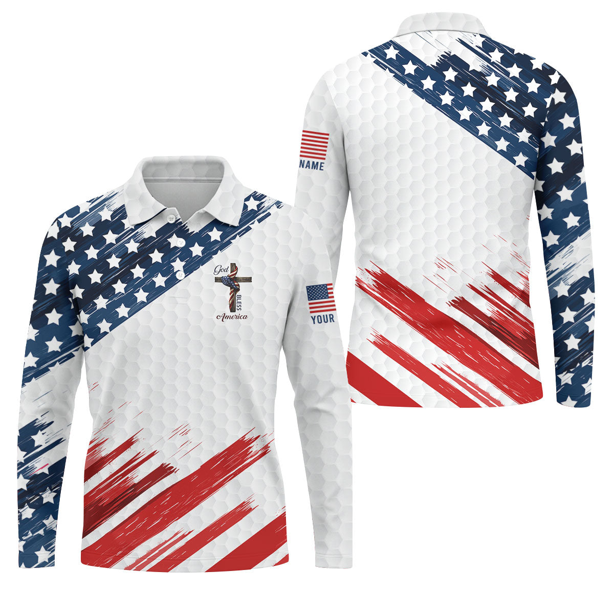 God Bless America Faith Cross US Flag Brush White Golf Shirt, Patriotic 4th Of July Golf Shirts For Men