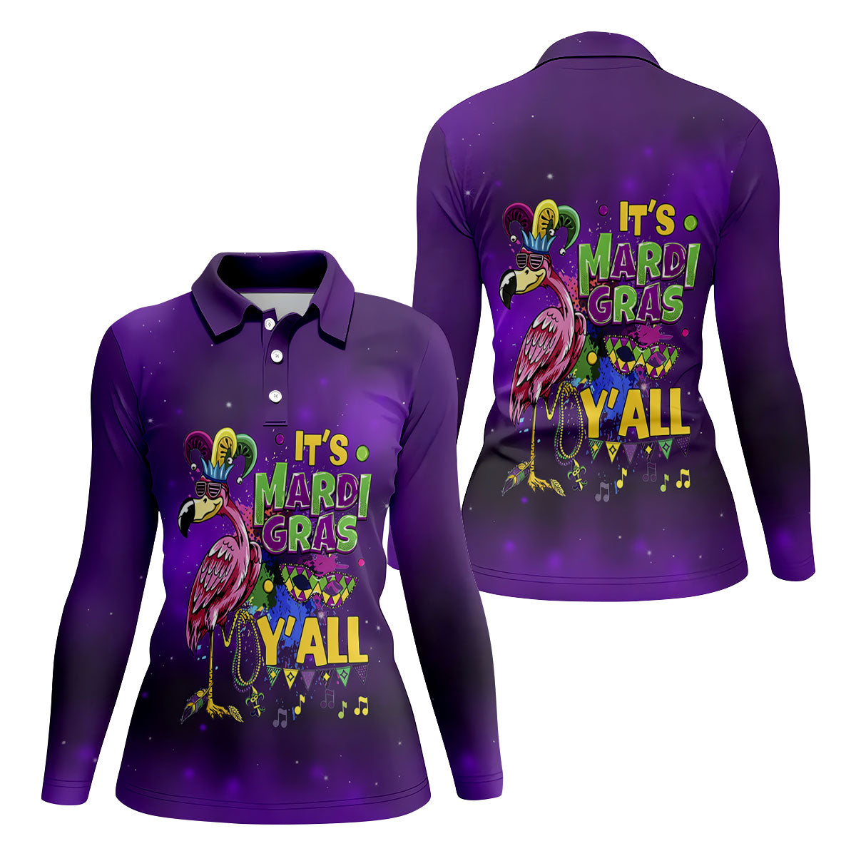 It's Mardi Gras Y'All Funny Flamingo Purple Golf Shirt, Women's Golf Tops, Ladies Golf Shirt