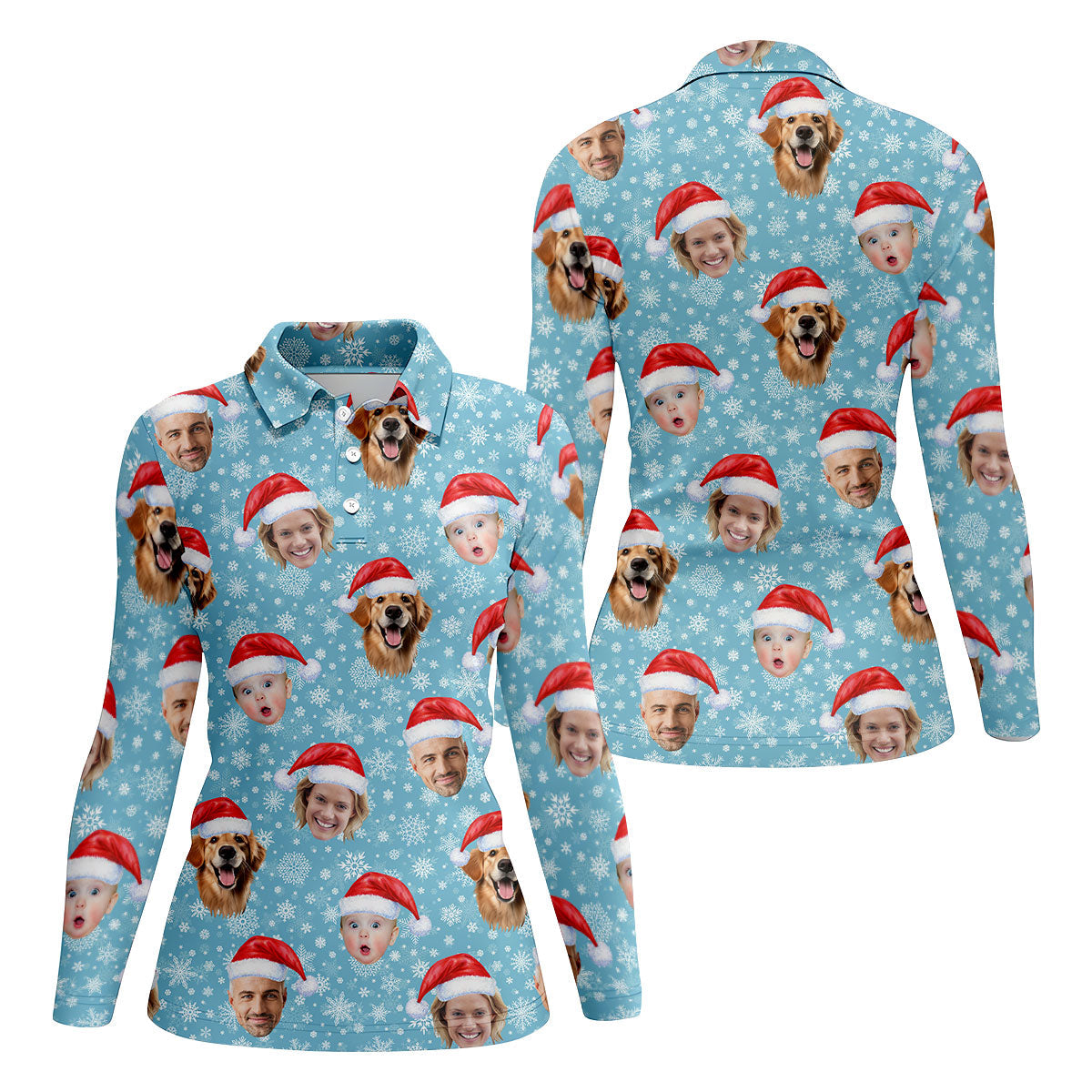 Custom Face Snowflakes Print Ice Blue Christmas Golf Shirt, Ladies Golf Shirts, Golf Gifts For Women