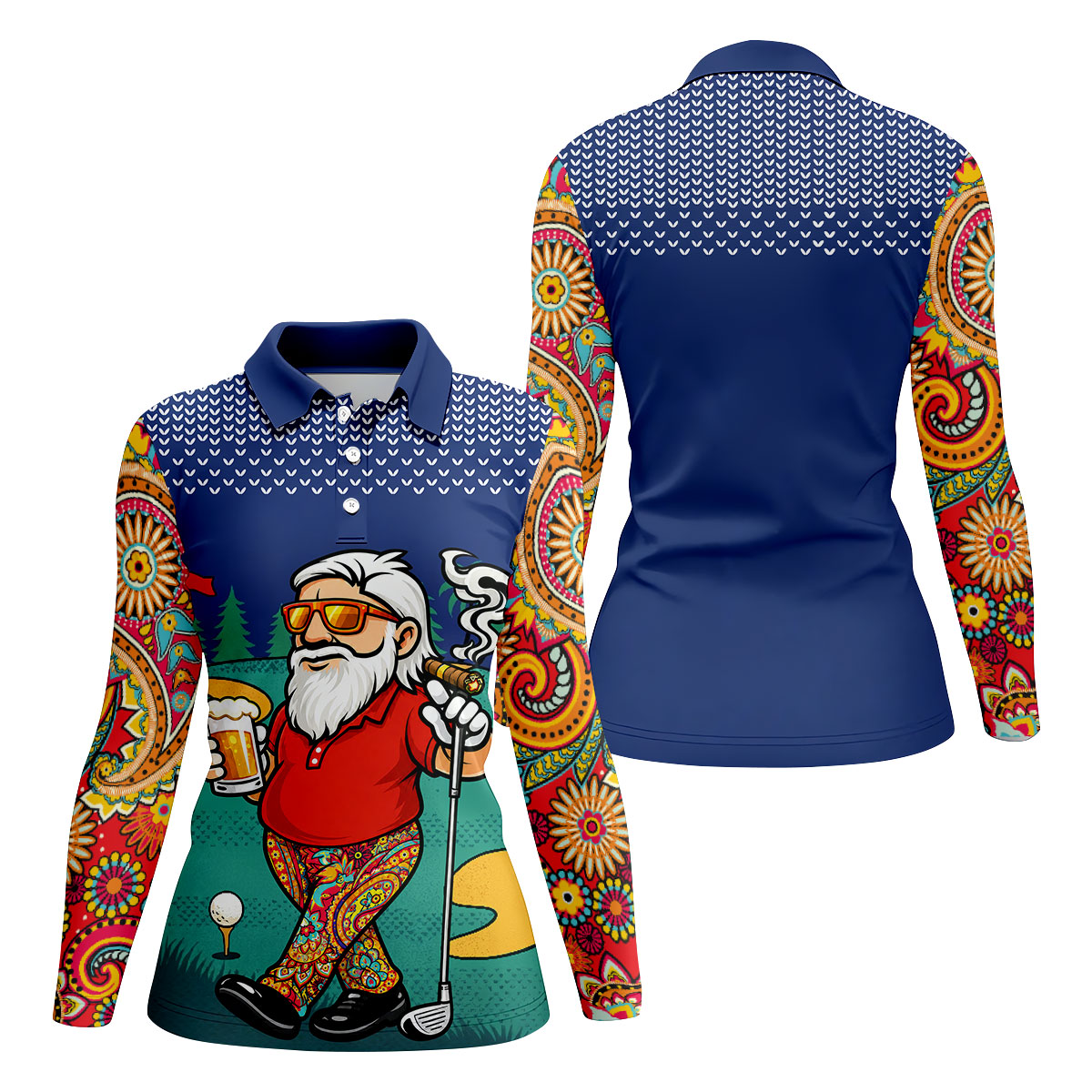 Women's Funny Golf Santa Beer And Cigar Polo Shirt, Hawaiian Golf Shirt, Women’s Golf Polo, Women’s Golf Apparel