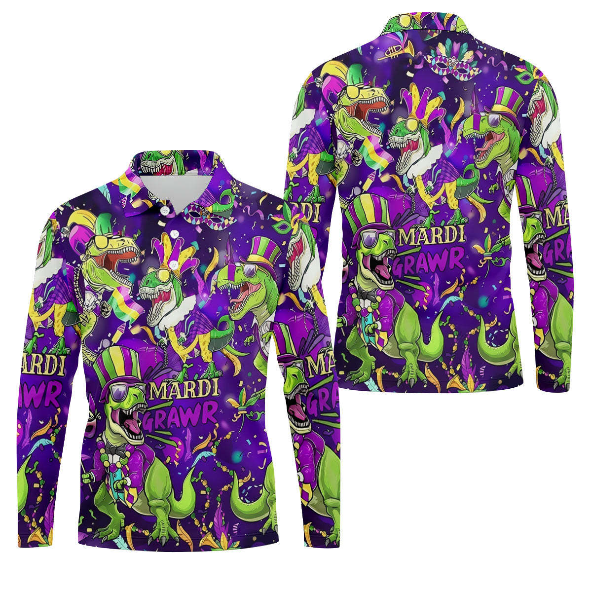 Mardi Grawr Purple Green Gold Funny Dinosaur Mardi Gras Golf Shirt, Golf Shirts For Men, Polo ShirtFor Men
