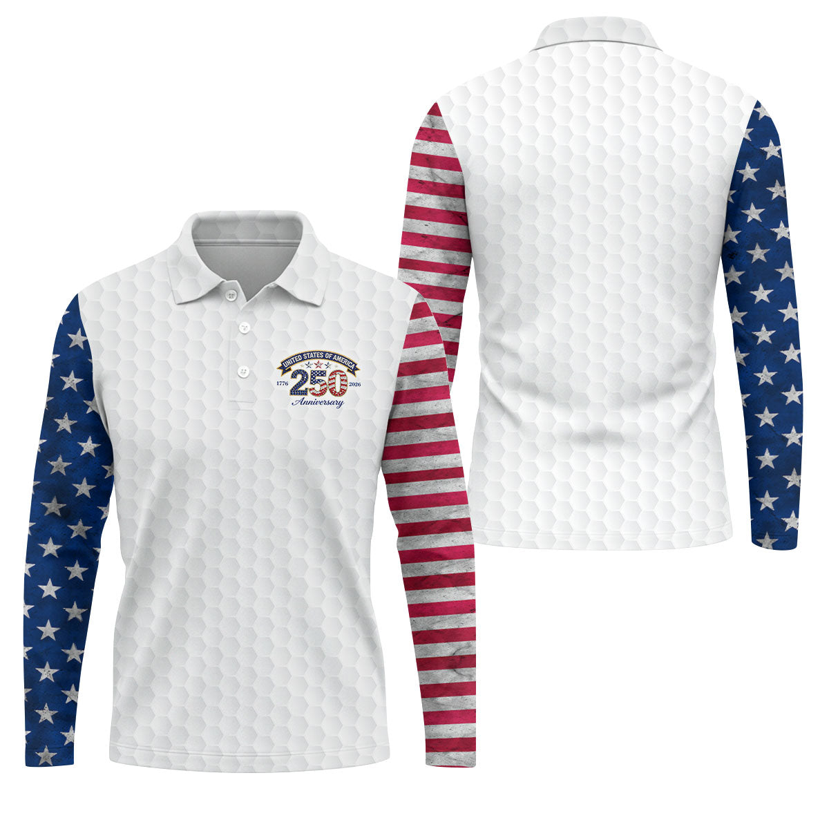 250th Anniversary Golf Ball Pattern White Golf Shirt, Patriotic 4th Of July Golf Shirt, Golf Shirts For Men