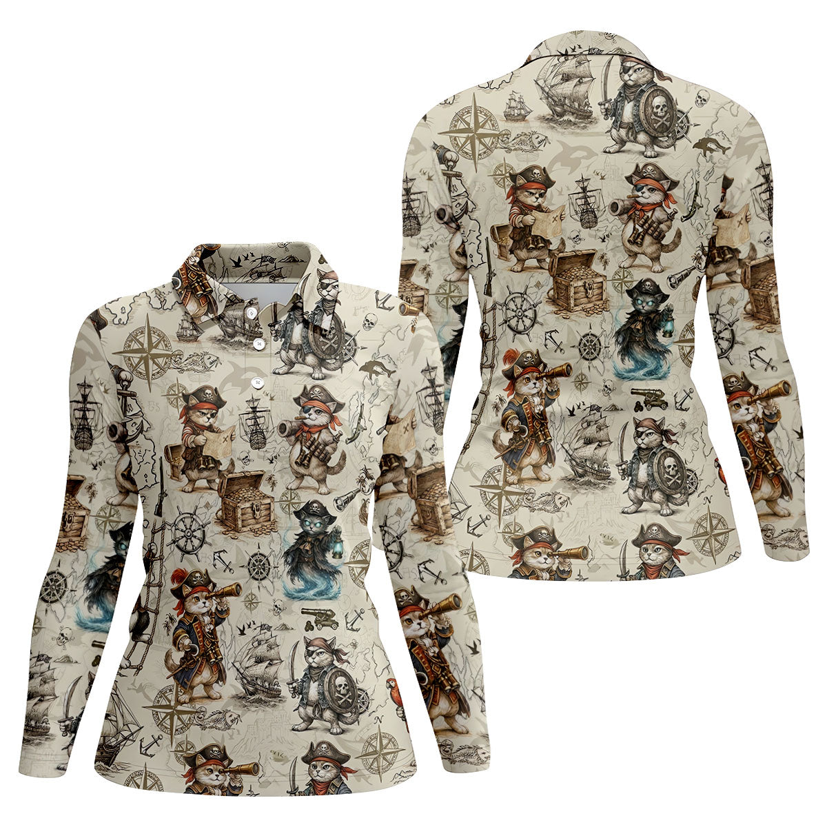 Vintage Pirate Cat Treasure Map Adventure Golf Shirt, Women's Golf Shirt, Golf Polo For Women, Golf Shirts For Women