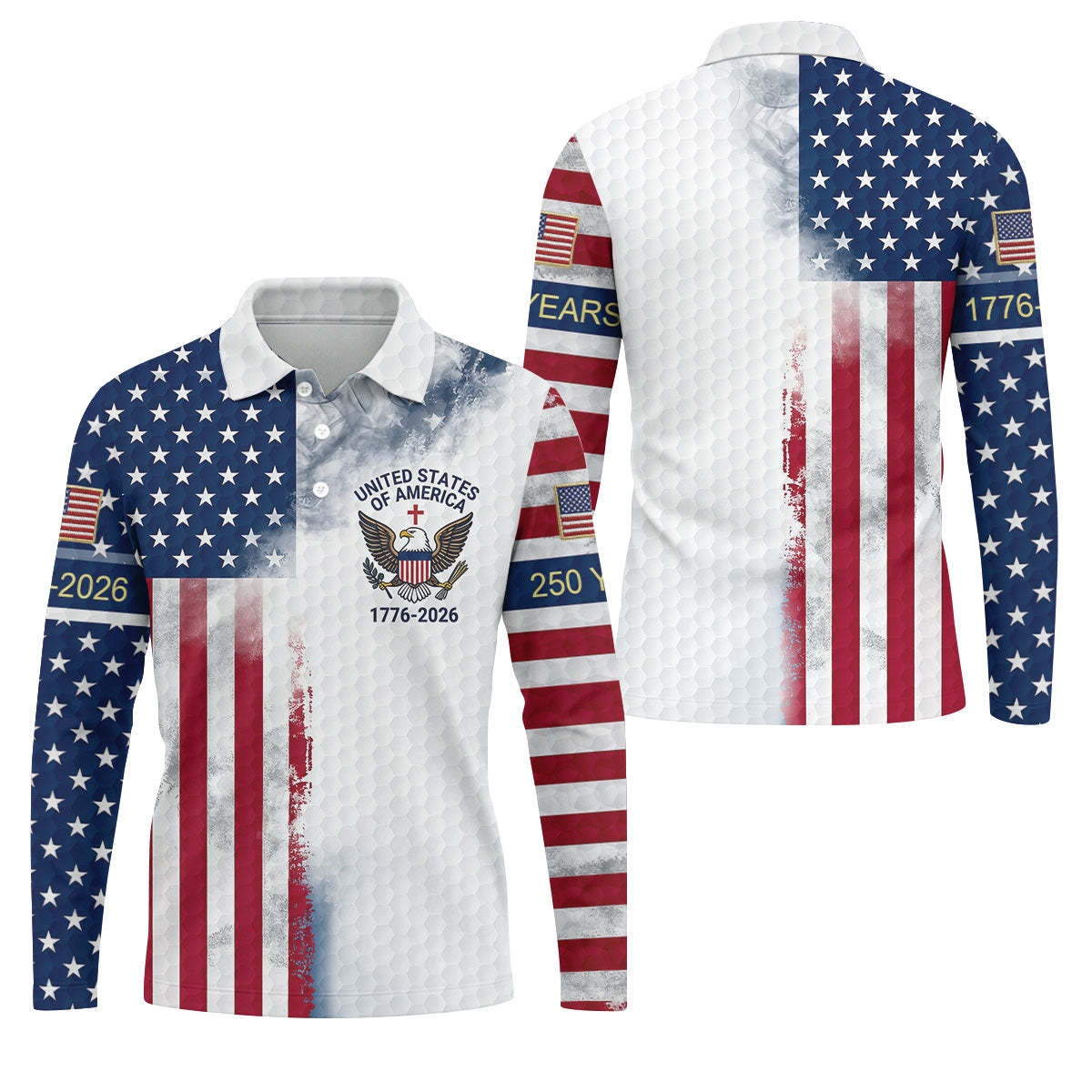 USA Flag Pattern 1776-2026 Distressed Vintage Golf Shirt, 250th Anniversary 4th Of July Golf Shirts For Men