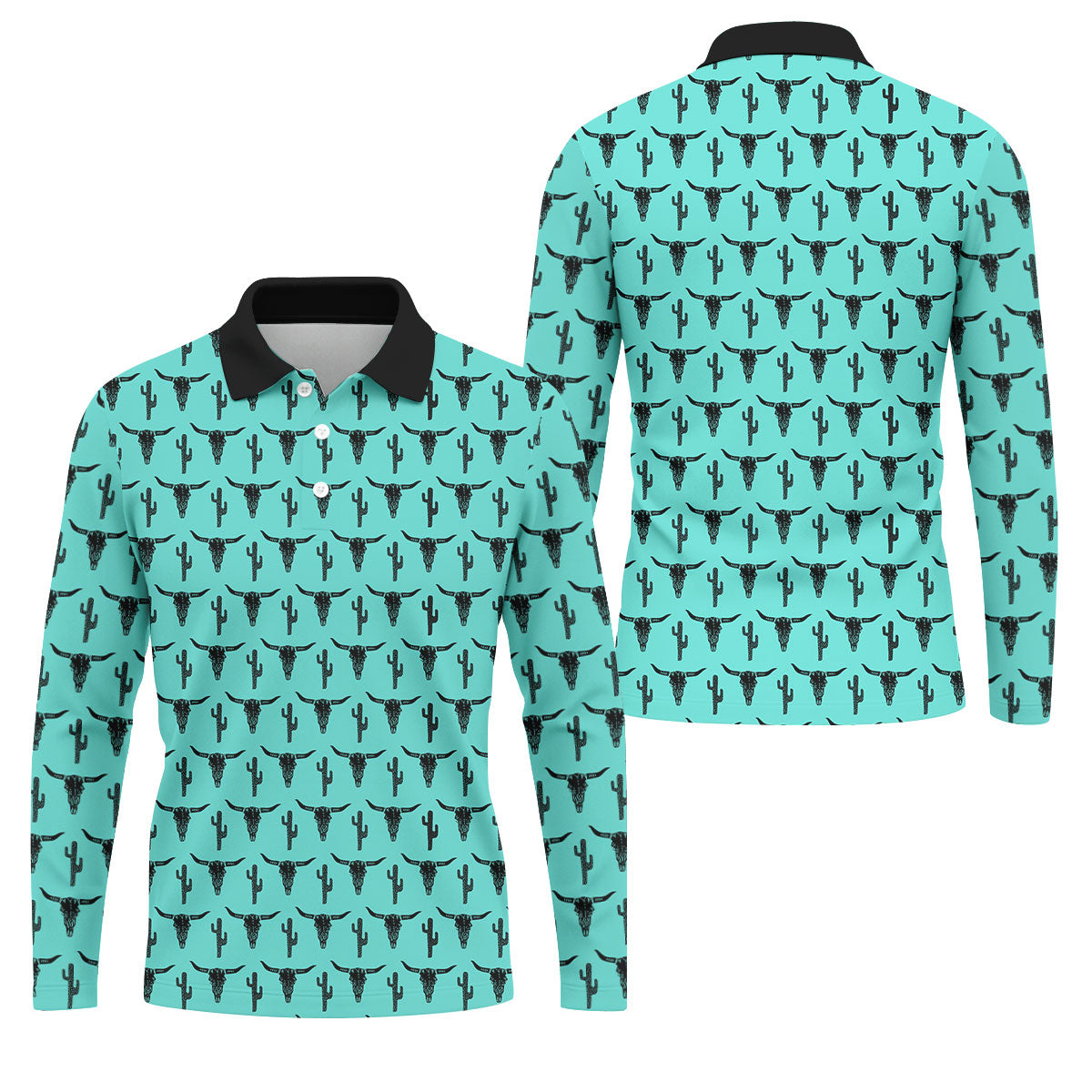 Longhorn Cow Skull Western Theme Peacock Blue Golf Tops For Men, Polo Shirtor Men, Golf Shirts For Men