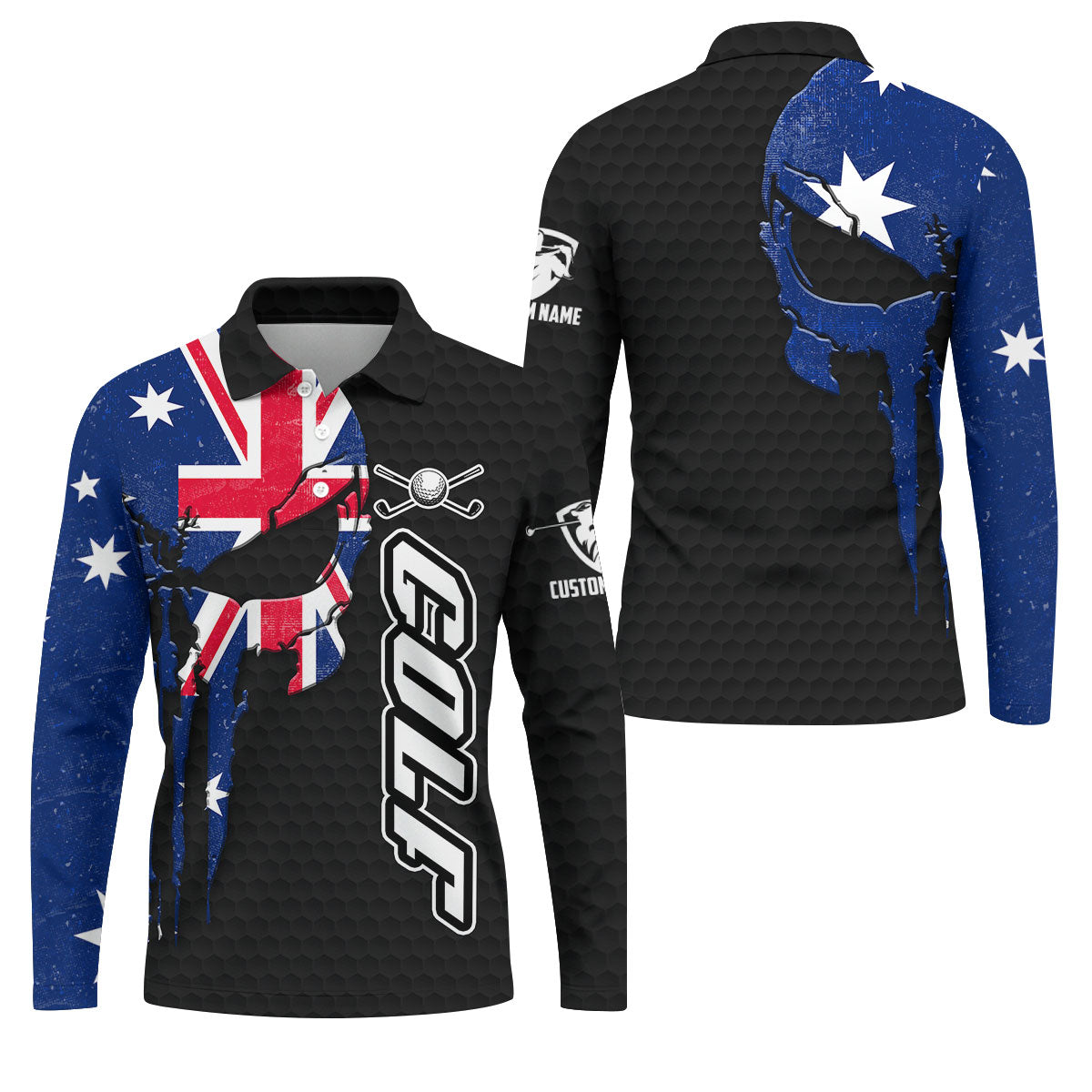 Cool Skull Golf Ball Pattern Australia Flag Print Black Golf Shirt, Polo Shirtor Men