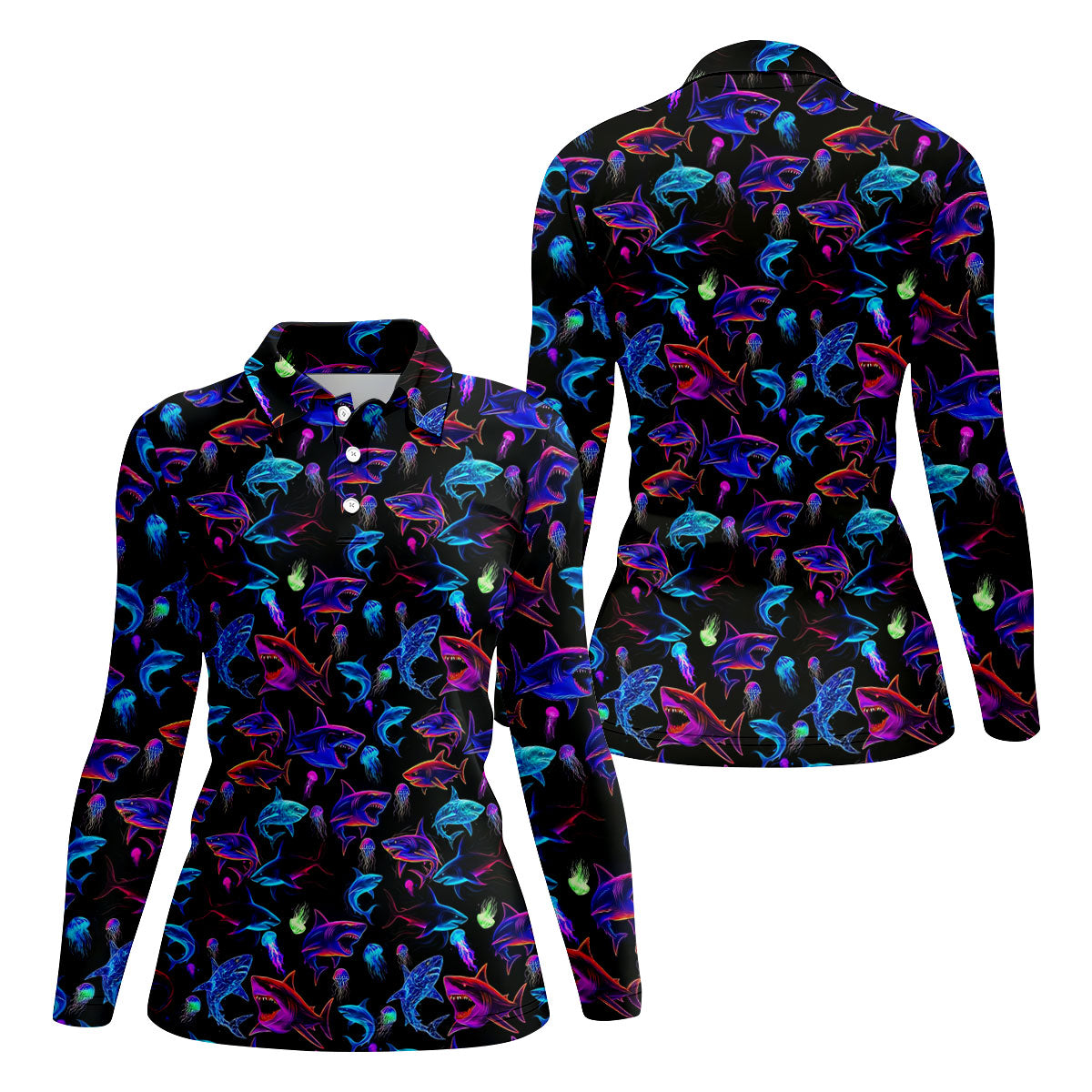 Neon Shark Funny Golf Shirt, Golf Shirt For Women, Ladies Golf Shirts, Women's Polo Shirt