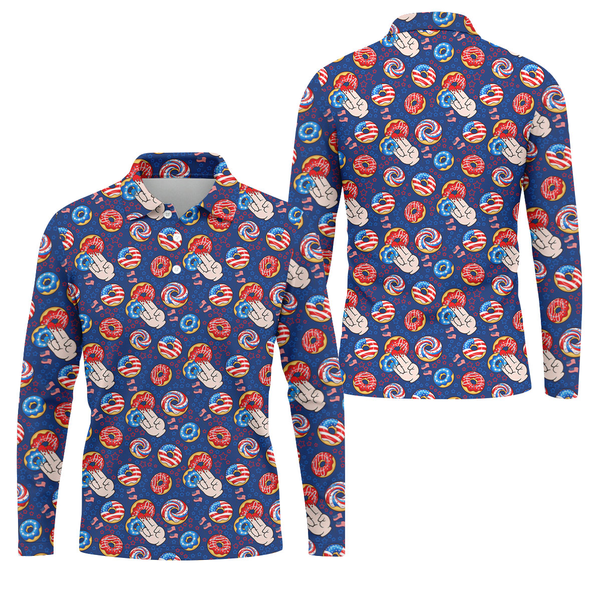 Donut Finger Funny Dirty American Flag Pattern Blue Golf Shirts For Men, 250th Anniversary Patriotic Golf Shirt