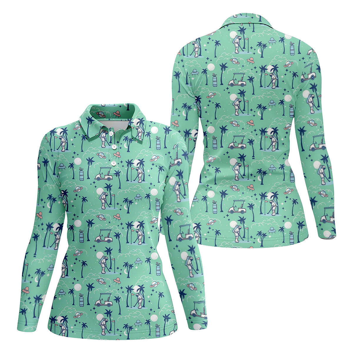 Astronaut Golfing Space Themed Tropical Golf Shirt, Women's Golf Tops, Ladies Golf Shirt