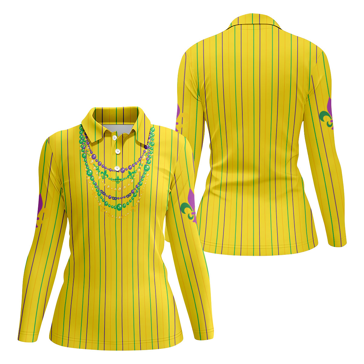 Mardi Gras Beads Necklaces Print Yellow Golf Shirt, Women's Golf Shirts, Ladies Golf Polos, Golf Shirt For Women