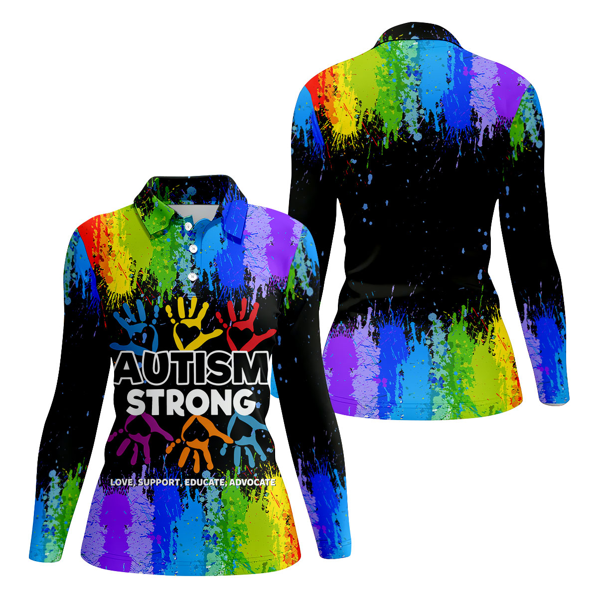 Autism Strong Rainbow Paint Splatter Women's Golf Tops, Autism Awareness Colors Ladies Golf Polos