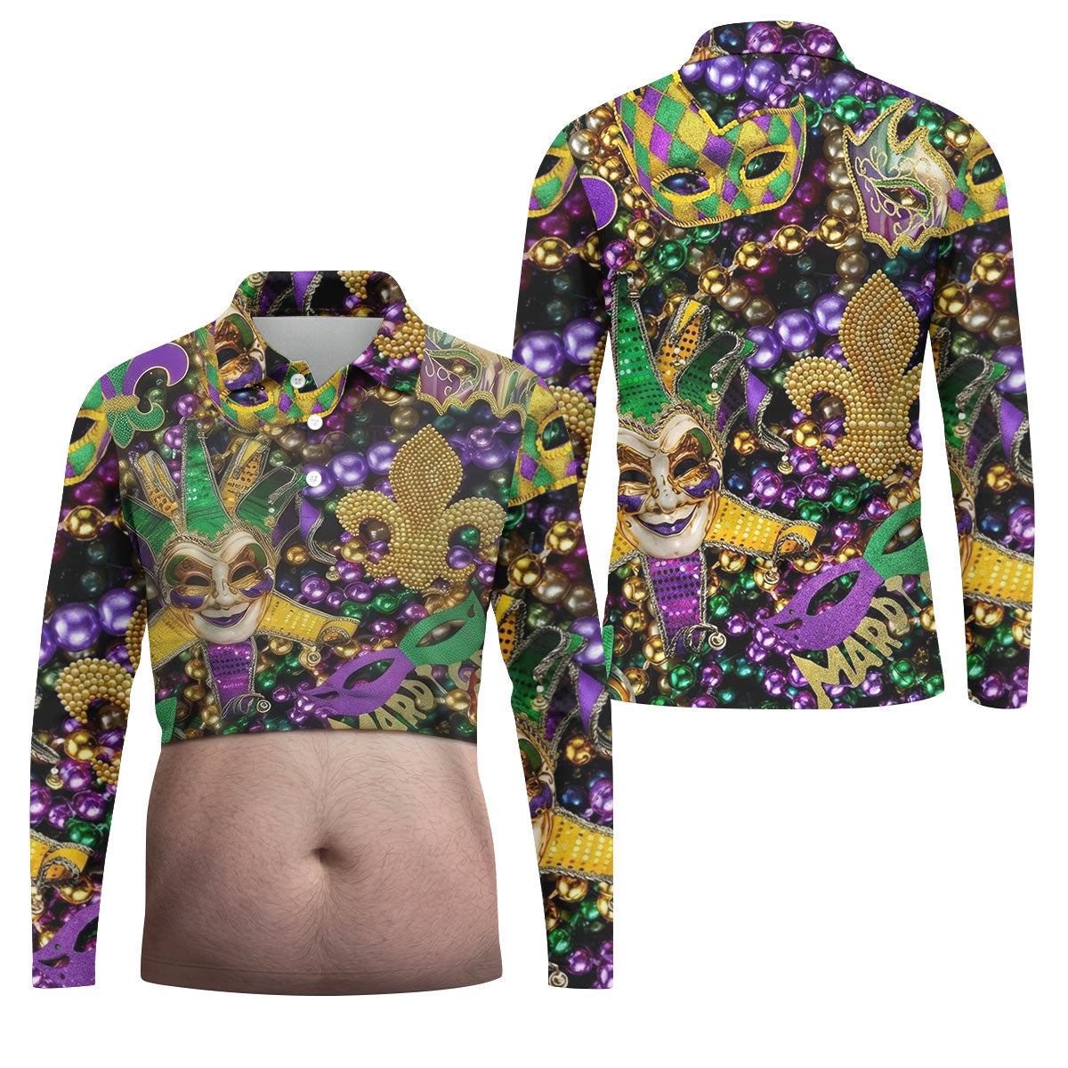 Mardi Gras Purple Green Gold Fleur De Lis Jester Mask Funny Tummy Golf Shirts For Men, Men's Funny Golf Shirts