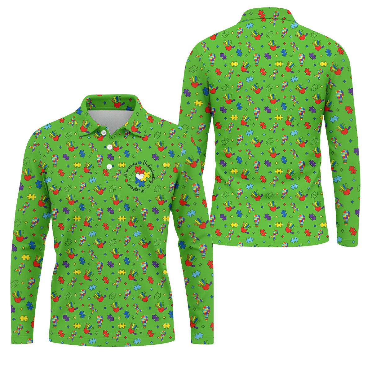 Awareness Understanding Acceptance Autism Ribbon Green Golf Shirt, Autism Awareness Colors Golf Shirts For Men