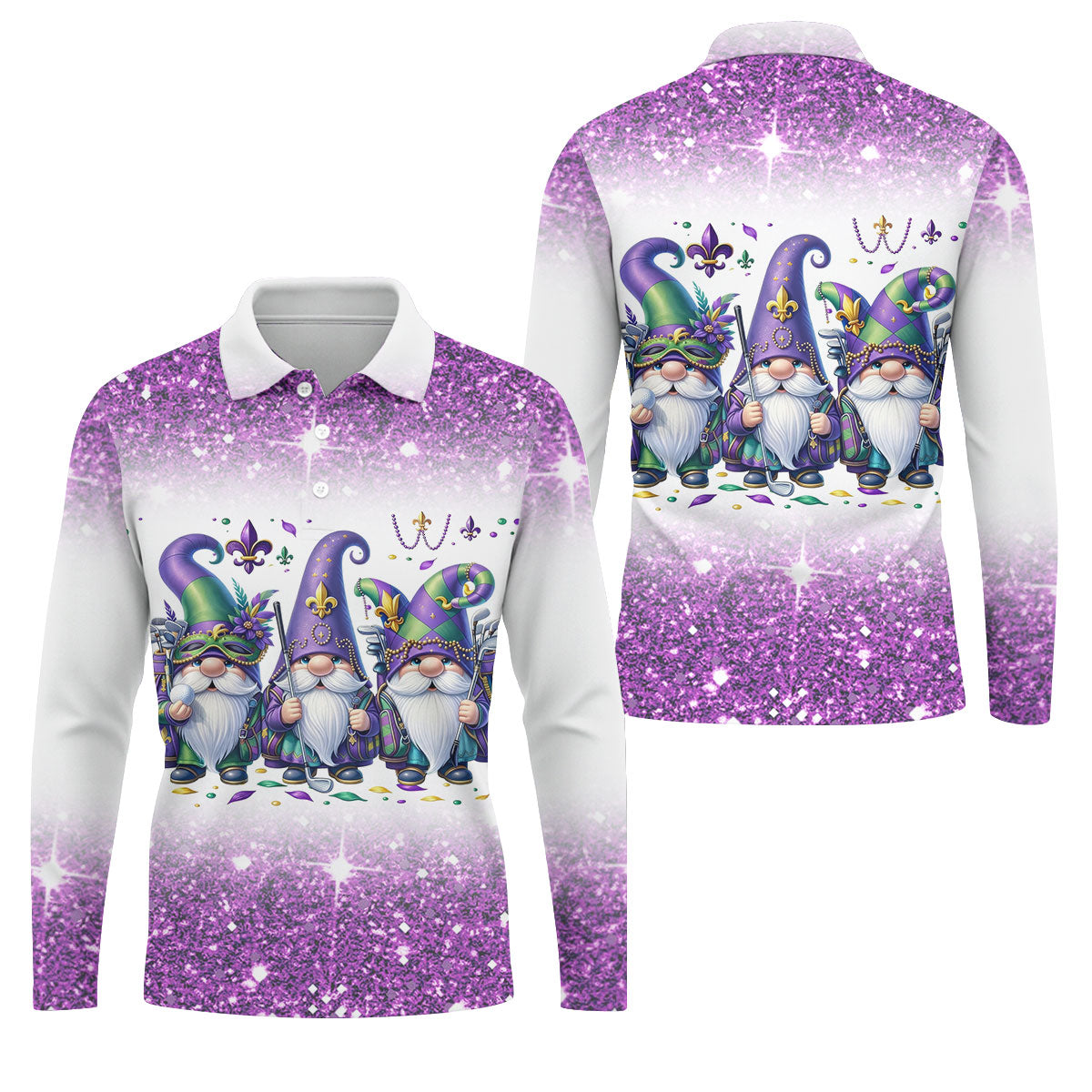 Mardi Gras Gnomes Fleur De Lis Glitter Effect Golf Tops For Men, Polo ShirtFor Men, Golf Shirts For Men