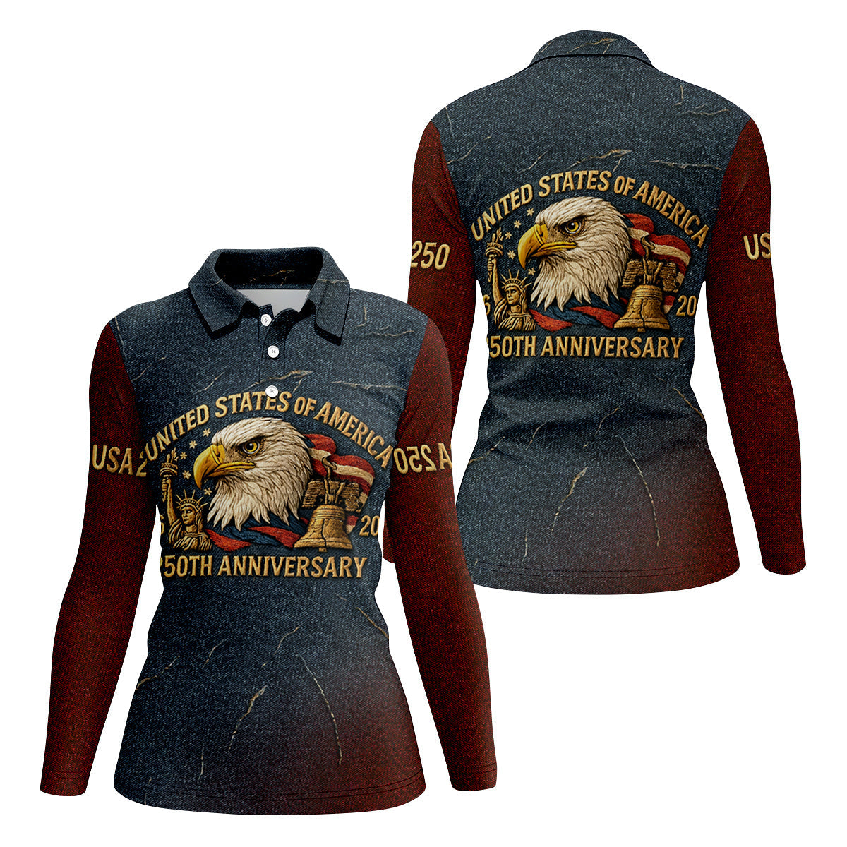 250th Anniversary American Flag And Eagle Denim Color Women's Golf Tops, Patriotic Golf Shirt, Ladies Golf Shirts