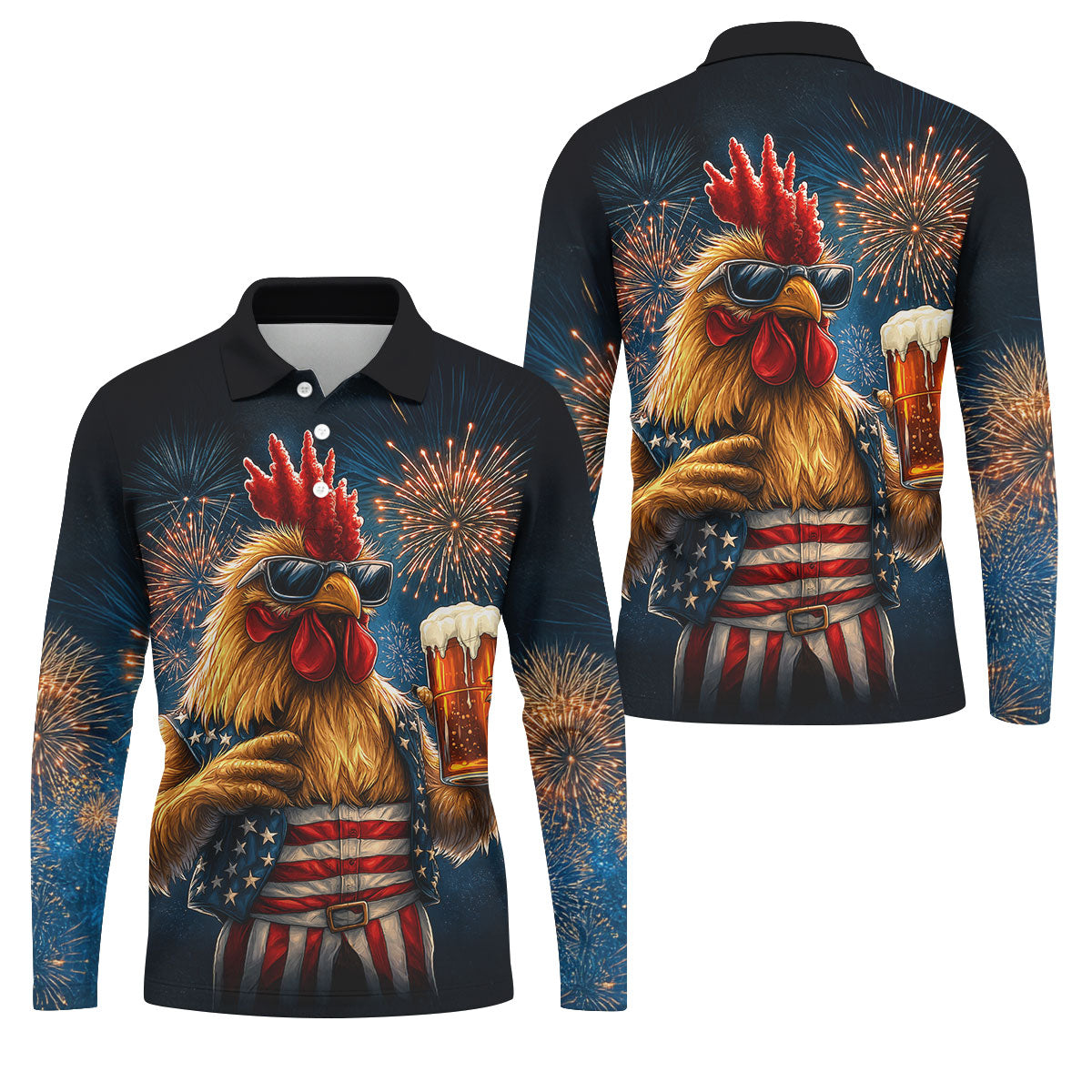 Rooster Beer USA Patriotic Hawaiian Golf Shirt, 250th Anniversary Tropical Vibe Men's Golf Shirt