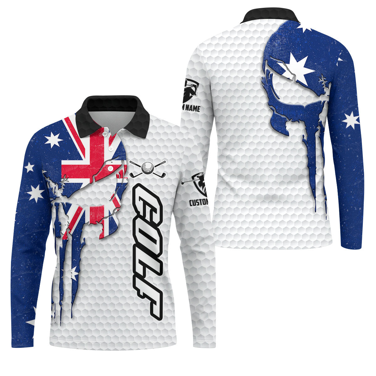 Cool Skull Golf Ball Pattern Australia Flag Print White Golf Shirt, Polo Shirtor Men