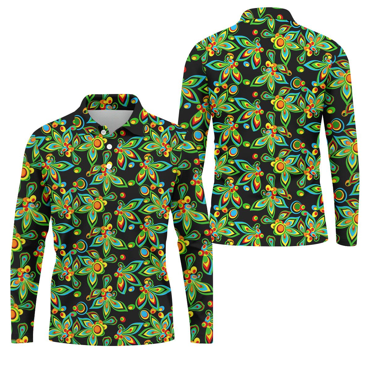 Black Colorful Floral Geometric Pattern Golf Shirt, Men's Golf Shirt, Golf Apparel For Men, Polo Shirts For Men