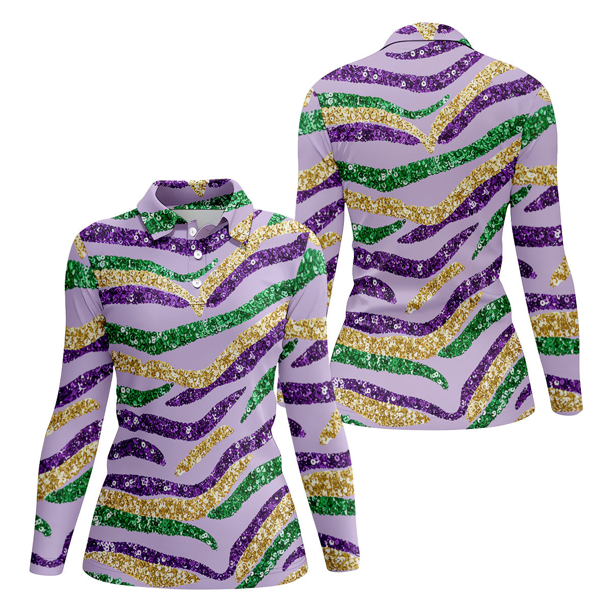 Purple Green Gold Sequin Pattern Light Purple Mardi Gras Golf Shirt, Women's Golf Tops, Ladies Golf Shirts