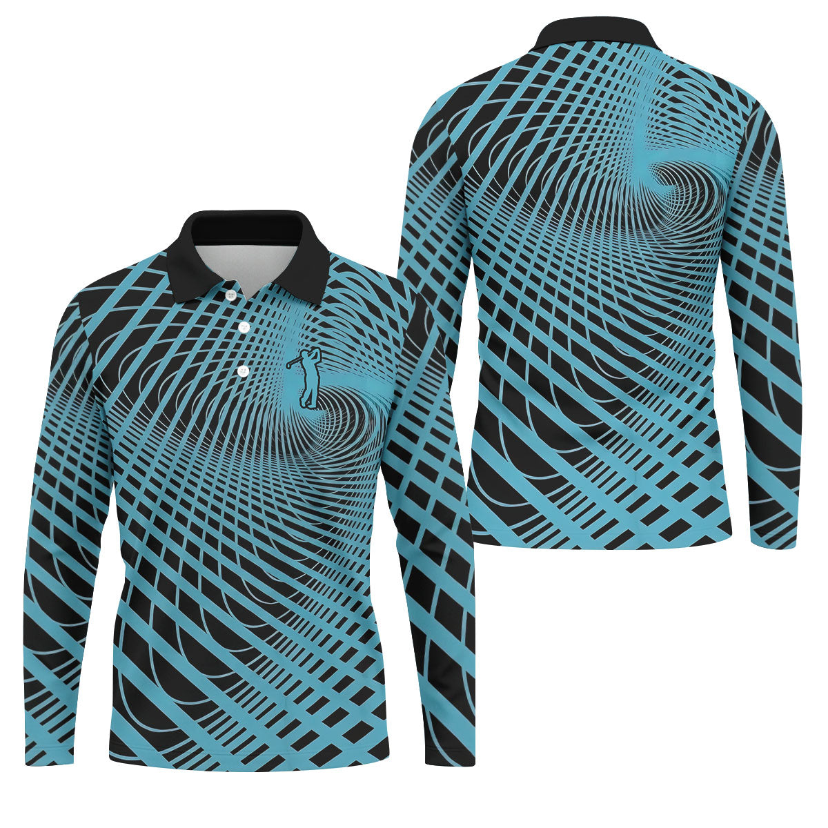 Swirling Vortex Black And Light Blue Golf Shirts For Men, Polo ShirtFor Men, Golfing Apparel