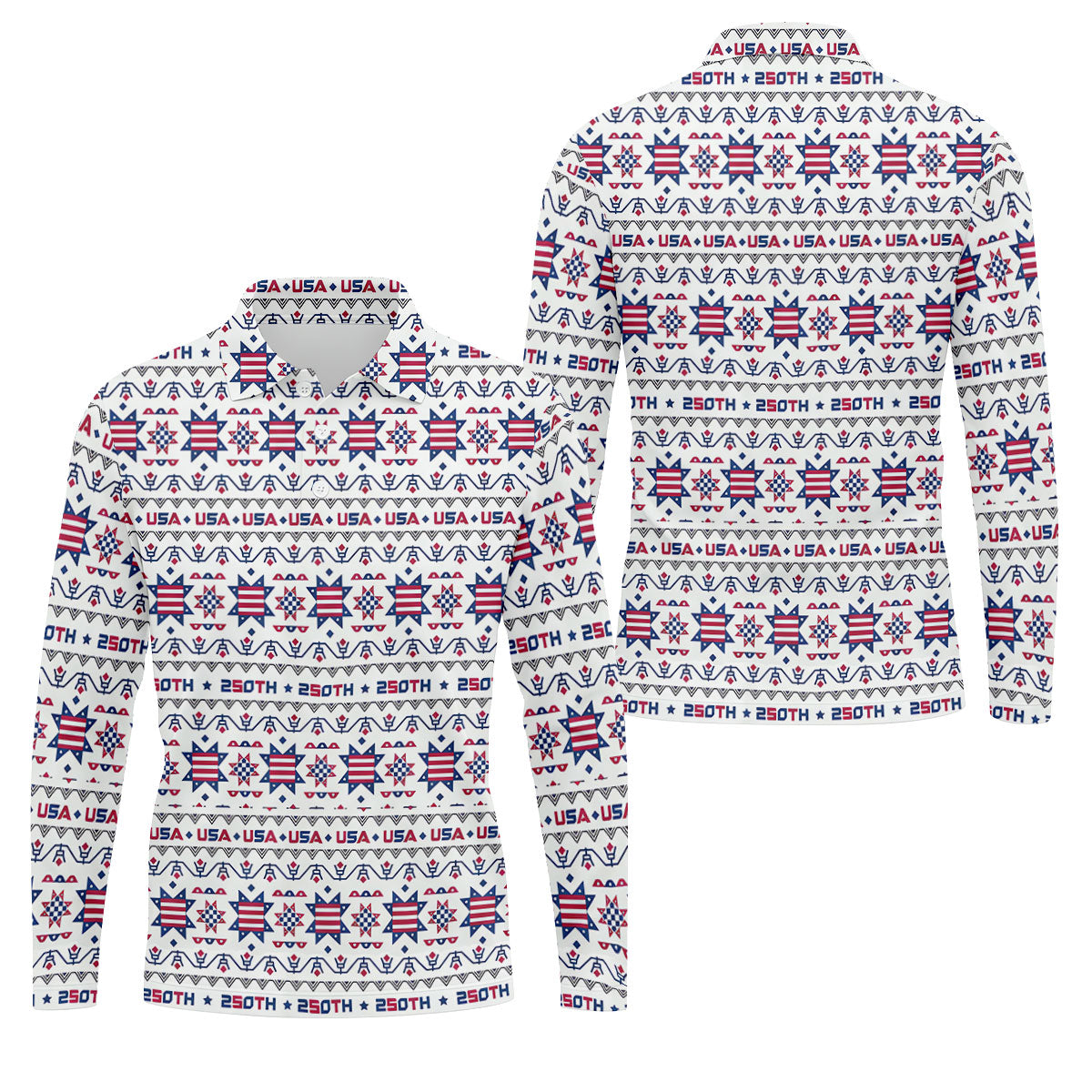 Red White Blue Ohio Star Quilt Pattern 4th Of July Golf Shirts For Men, 250th Anniversary Patriotic Golf Shirt