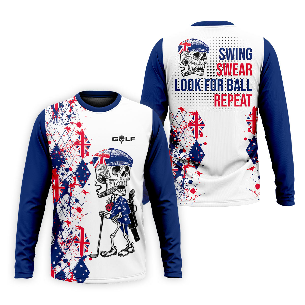 Swing Swear Look For Ball Repeat Australia Flag Print Skeleton Golfer Argyle Golf Shirt, Polo Shirtor Men