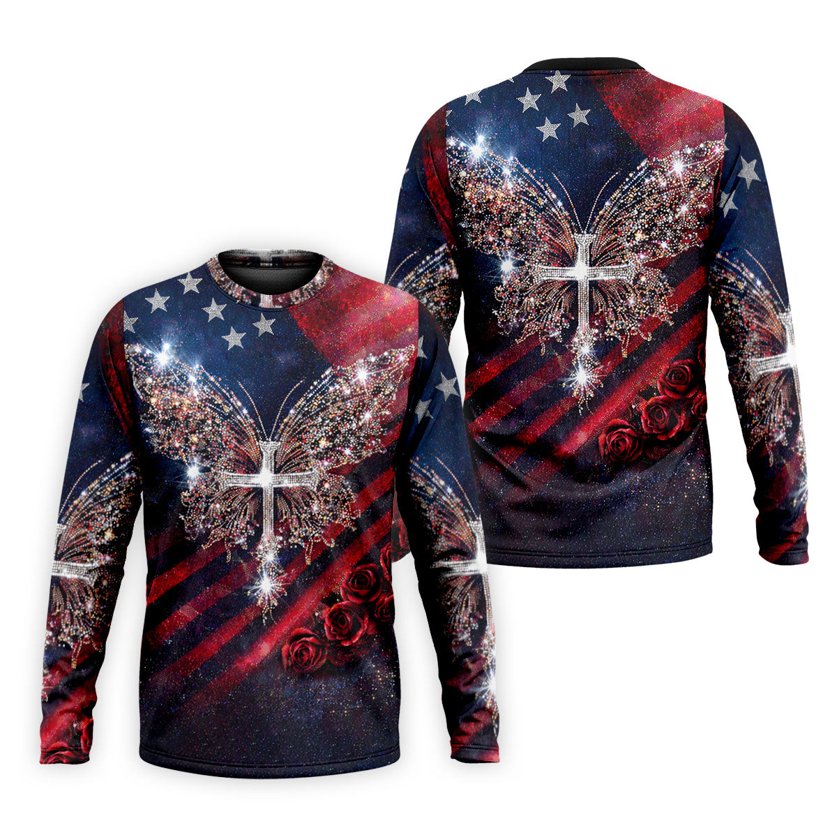 Faith Cross Shimmering Butterfly 250th Anniversary Golf Tops For Men, Patriotic 4th Of July Golf Shirts For Men
