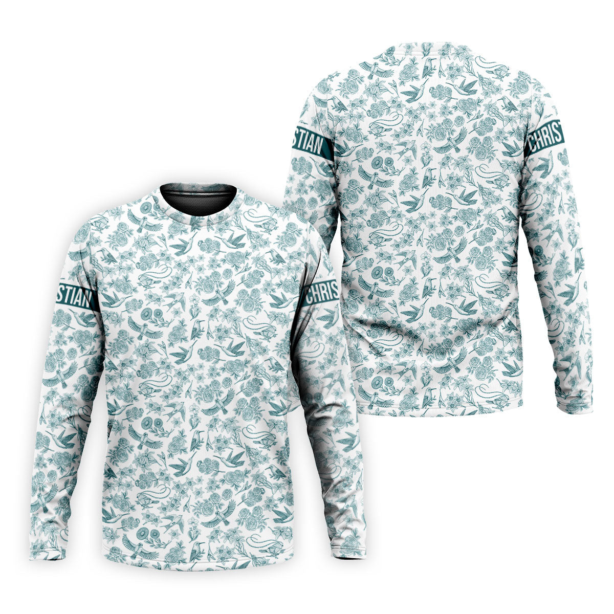 Custom Name Toile de Jouy Birds And Flowers Teal And White Polo ShirtFor Men, Golf Gift For Men