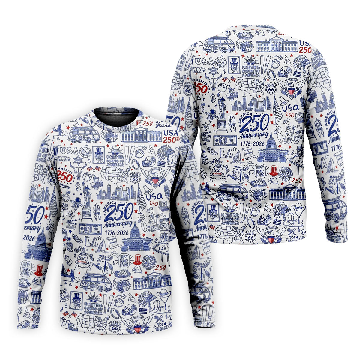 America 250 Anniversary US Symbols Doodle Pattern Patriotic Golf Shirt, 4th Of July Golf Shirts For Men