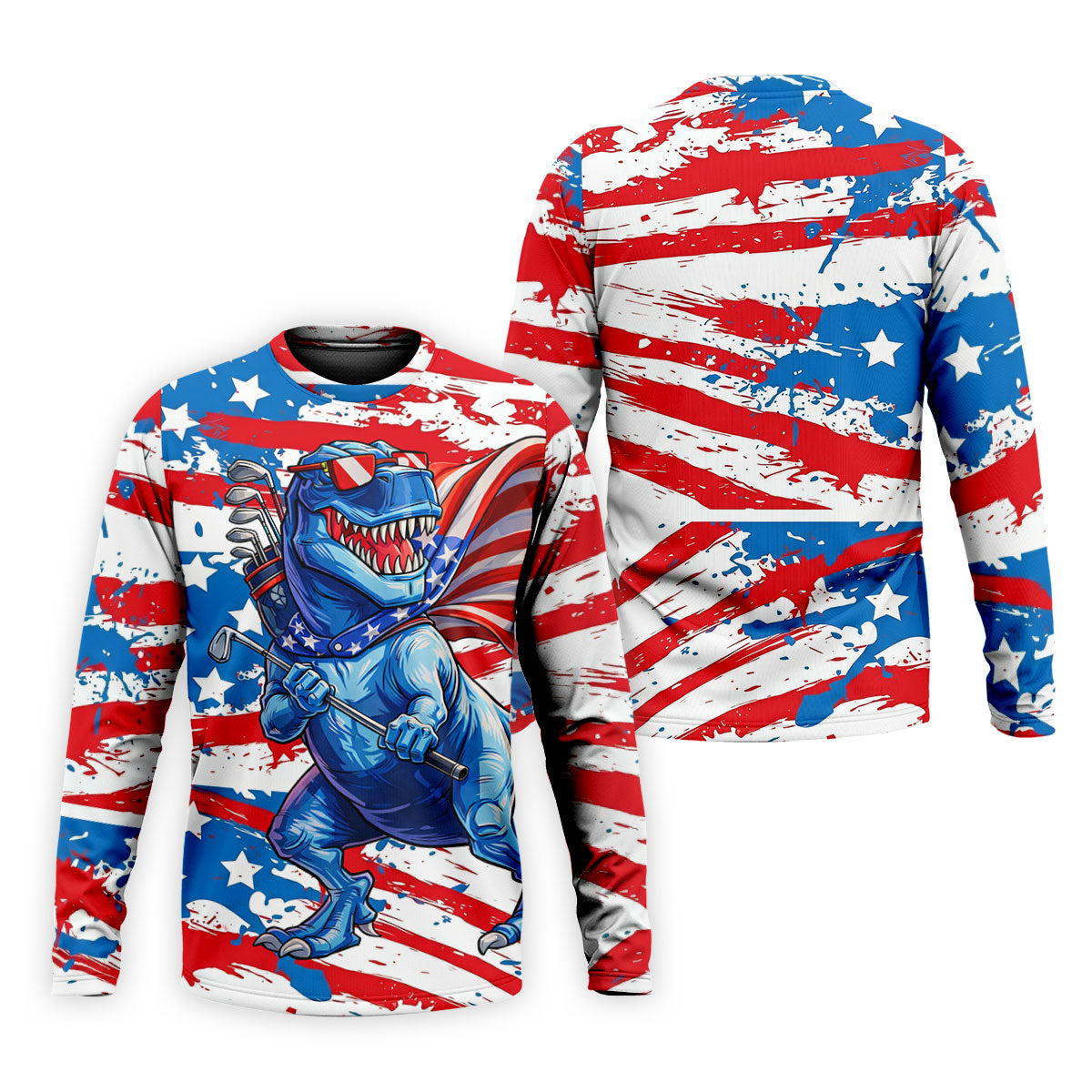 Funny Dinosaur USA Flag Print 250 Years Anniversary Golf Tops For Men, 4th Of July Patriotic Golf Shirt