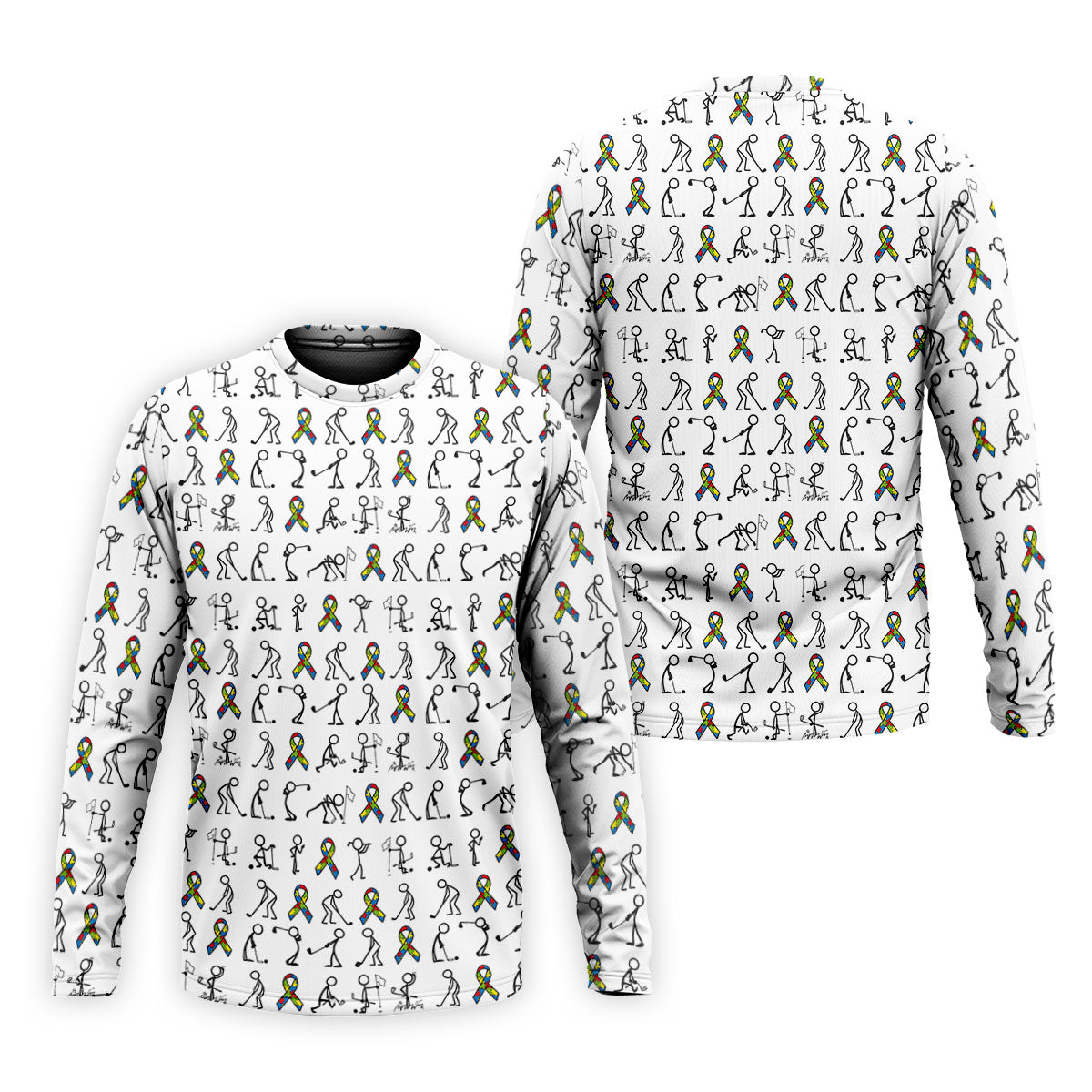 Stick Figure Golf Pose Autism Ribbon White Golf Shirt, Autism Awareness Colors Golf Shirts For Men