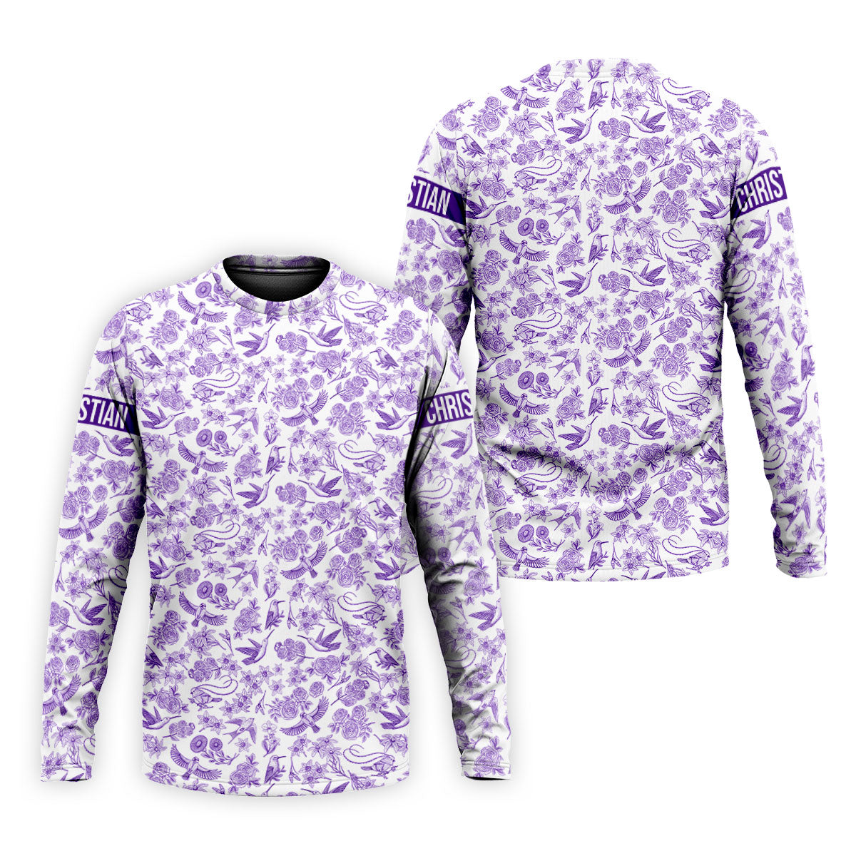 Custom Name Toile de Jouy Birds And Flowers Purple And White Polo ShirtFor Men, Golf Gift For Men