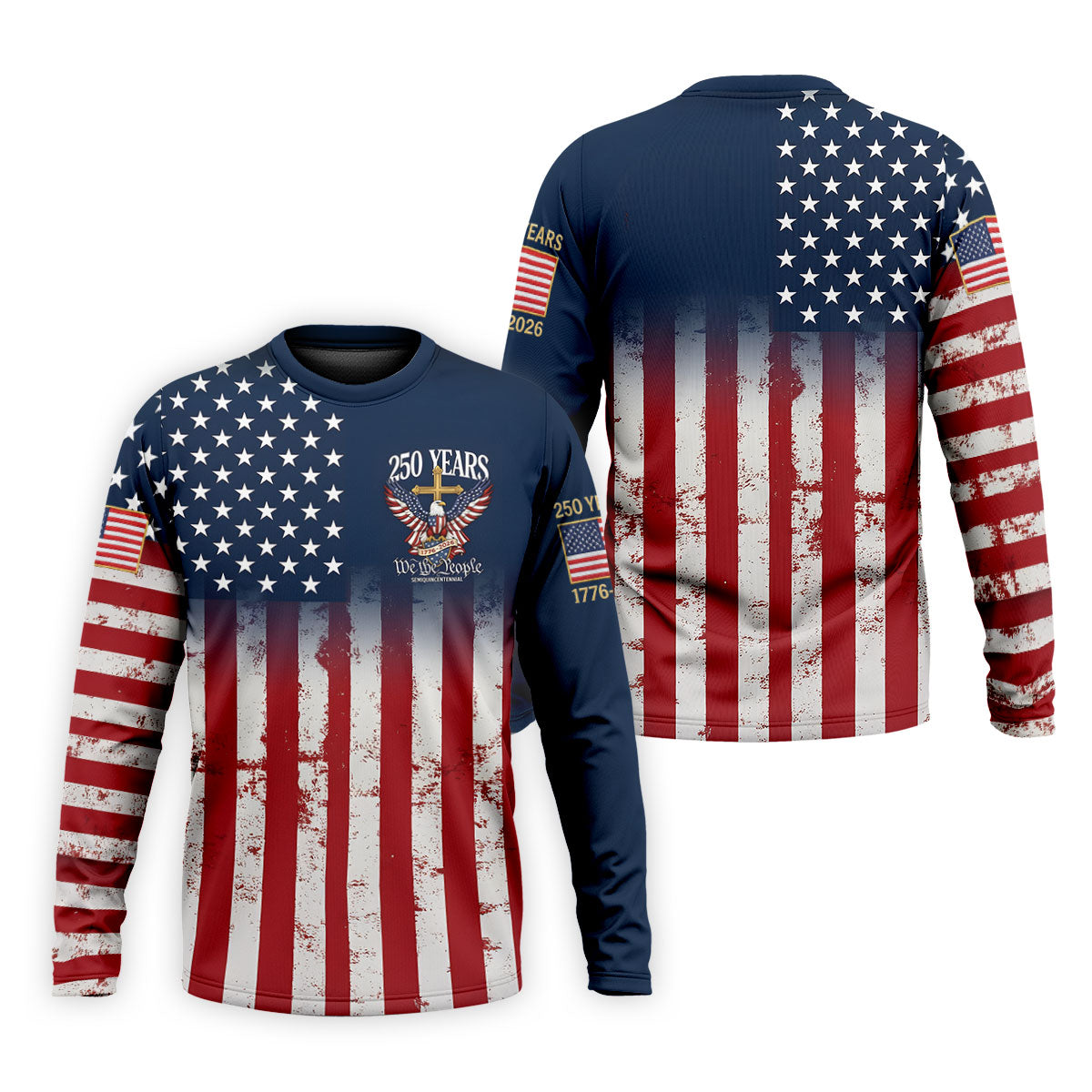 250 Years We The People Bald Eagle US Flag Cross Faith Golf Shirts For Men, Patriotic Golf Shirt