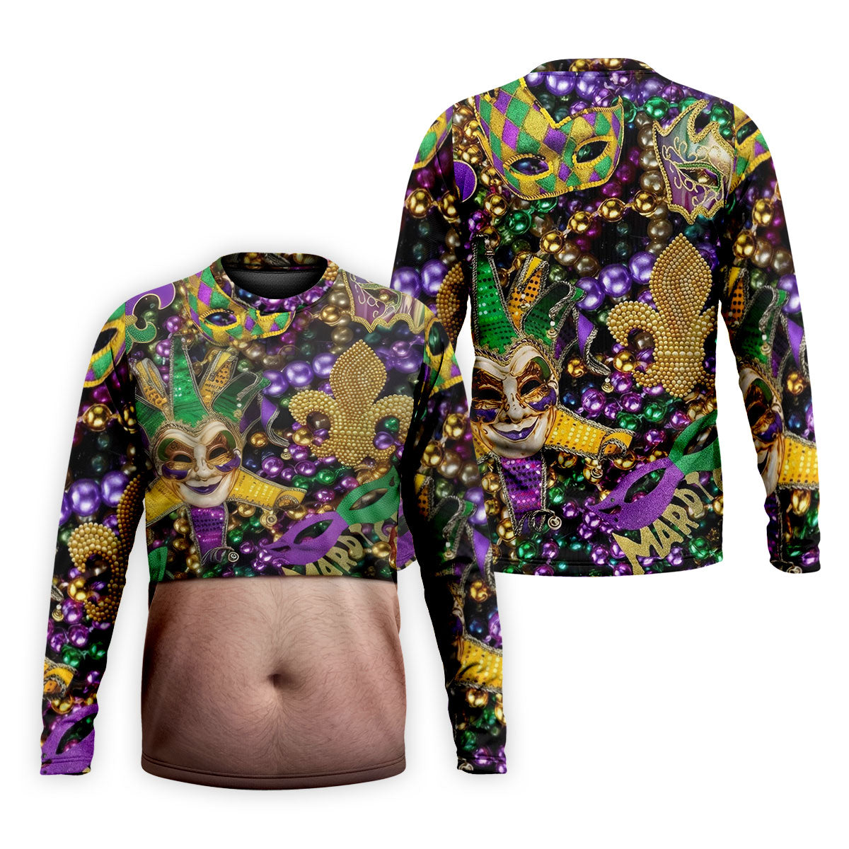 Mardi Gras Purple Green Gold Fleur De Lis Jester Mask Funny Tummy Golf Shirts For Men, Men's Funny Golf Shirts