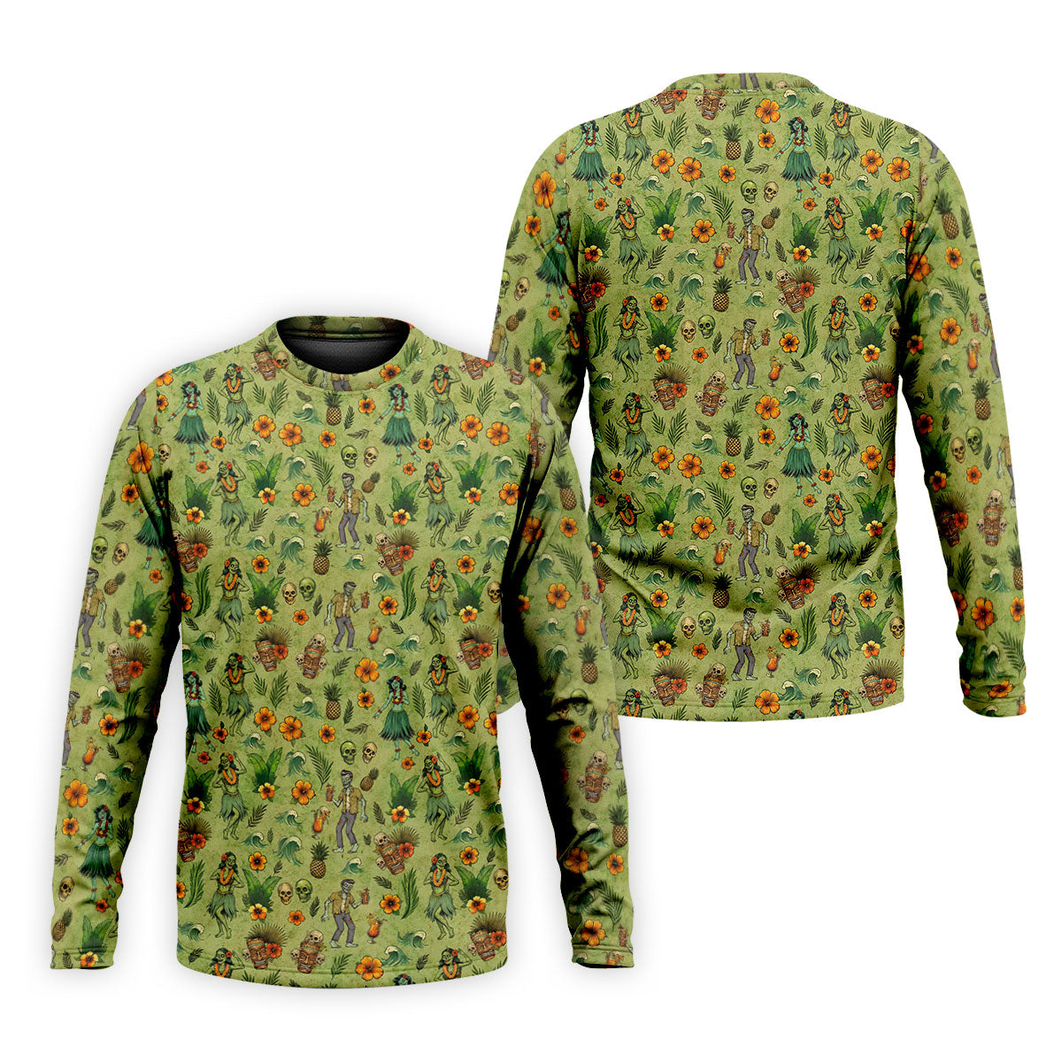 Tiki Zombie Hawaiian Golf Shirt, Hula Dancer Skull Pattern, Polo Shirts For Men
