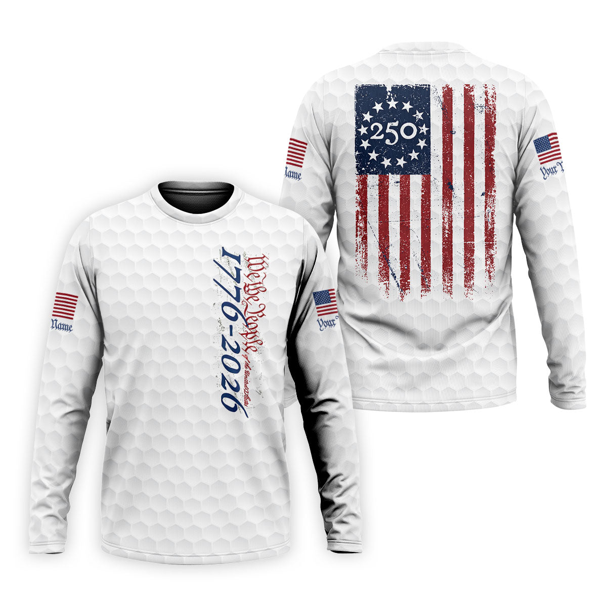 We The People Distressed American Flag White Golf Shirt, 250 Years Patriotic 4th Of July Golf Shirts For Men