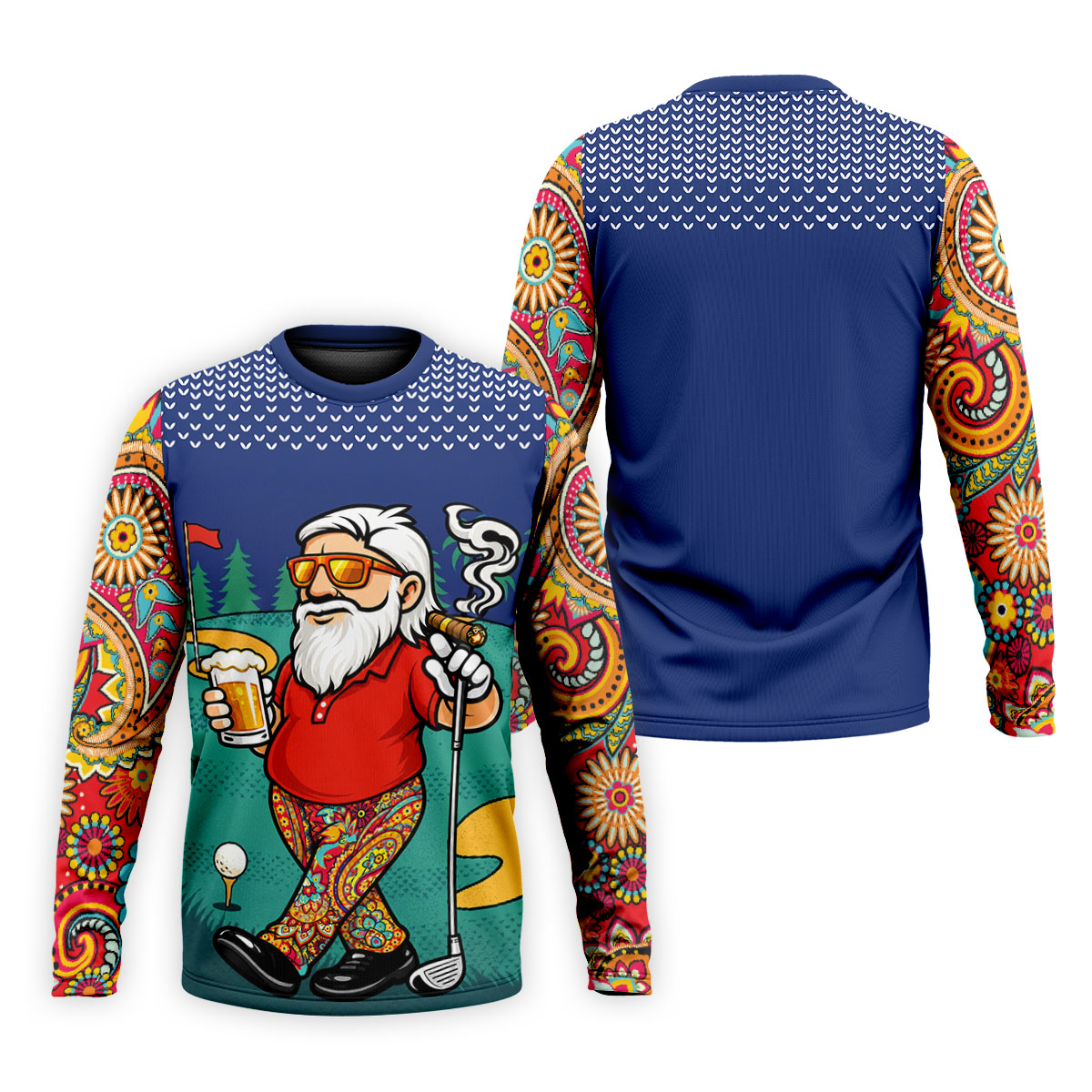 Men's Funny Golf Santa Beer And Cigar Polo Shirt, Mens Golf Polo, Golf Apparel For Men