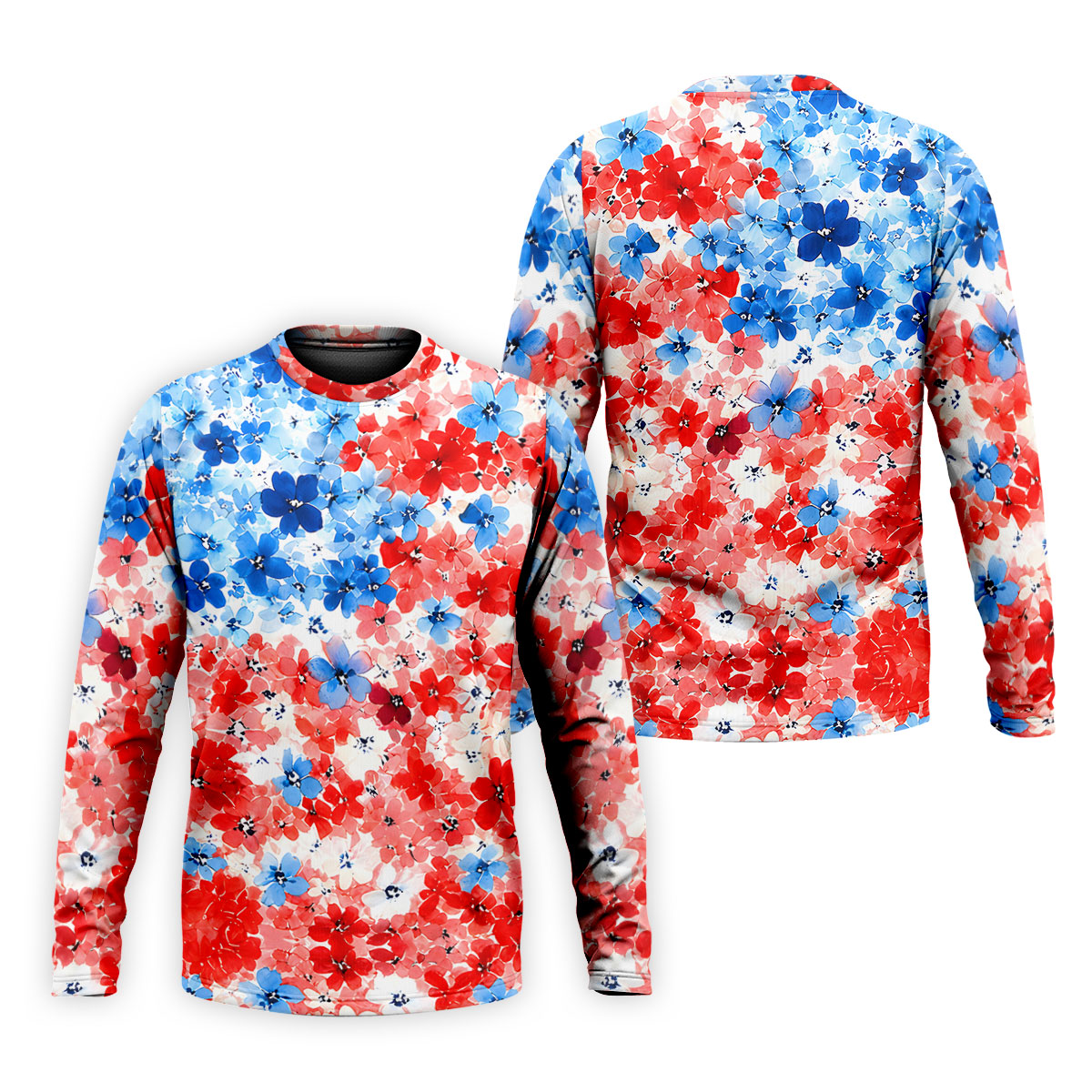 Patriotic Floral Golf Shirt, Red White Blue Blossom Pattern, Golf Shirt For Men