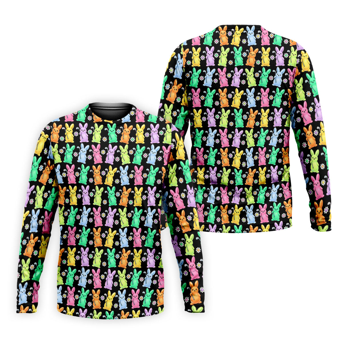 Colorful Easter Bunny Black Golf Shirt, Cute Golf Outfit, Golf Shirts For Men, Golf Gift For Men