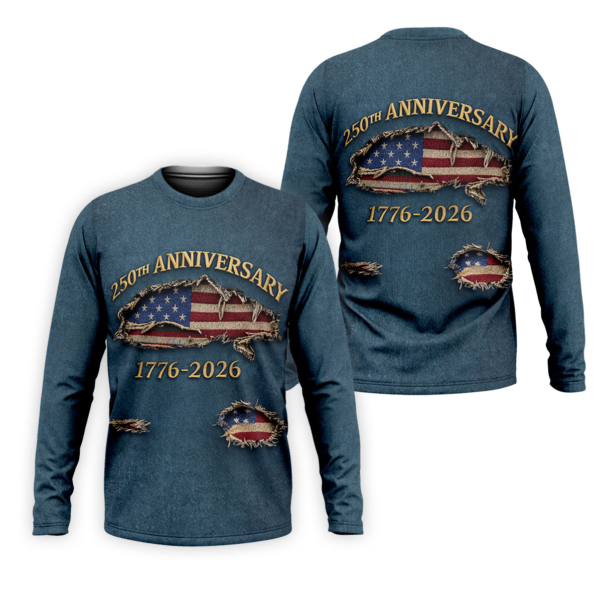 Patriotic American Flag 250th Anniversary Blue Denim Color Ripped Effect Golf Shirts For Men, Polo ShirtFor Men