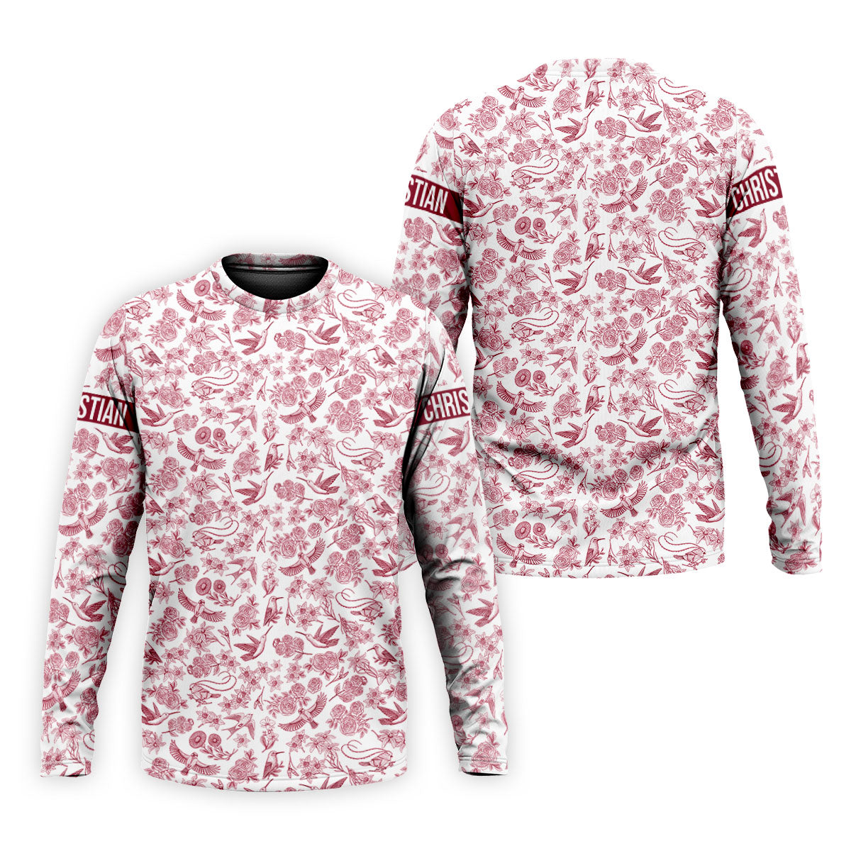 Custom Name Toile de Jouy Birds And Flowers White And Red Polo ShirtFor Men, Golf Gift For Men