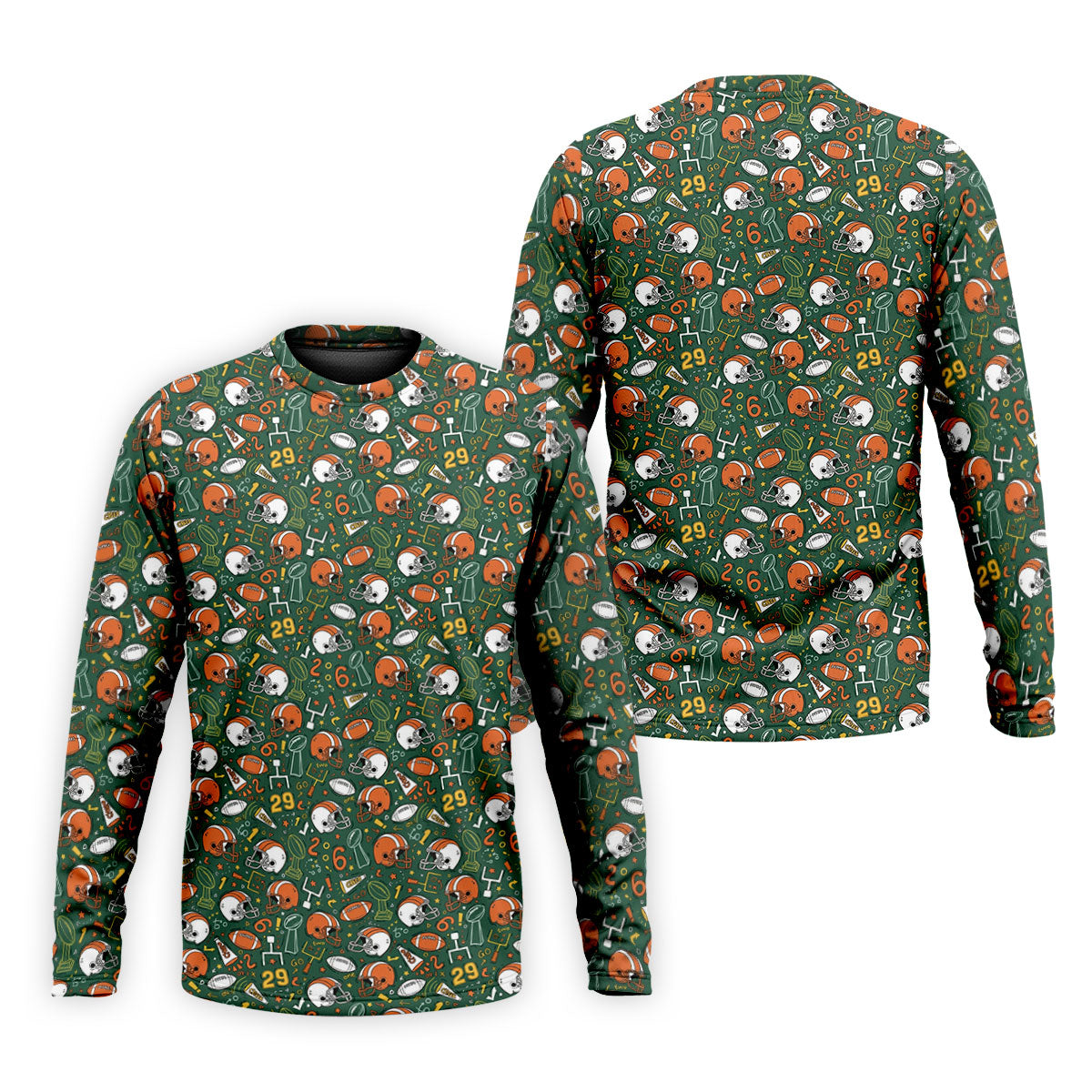 Orange And White Football Helmet Trophy Pattern Green Men Polo, Game Day Football Theme Polo For Men