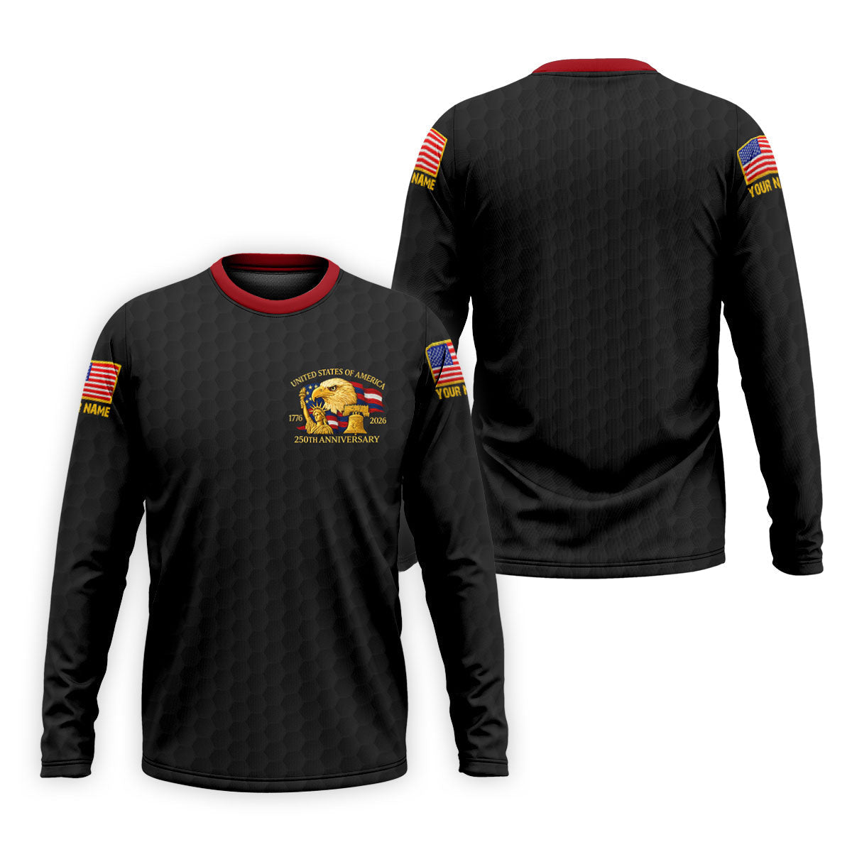 United States 250th Anniversary Patriotic Eagle Black Custom Golf Shirts, 4th Of July Golf Shirts For Men
